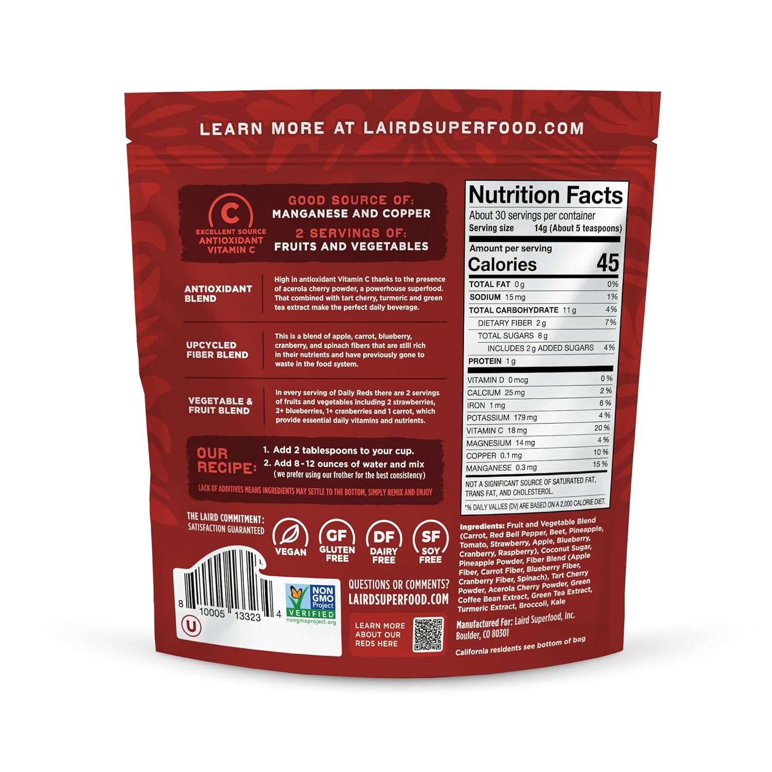 Laird Superfood Reds & Greens Bundle - Prebiotic Daily Greens and Antioxidant Daily Reds Powder, 14.8oz