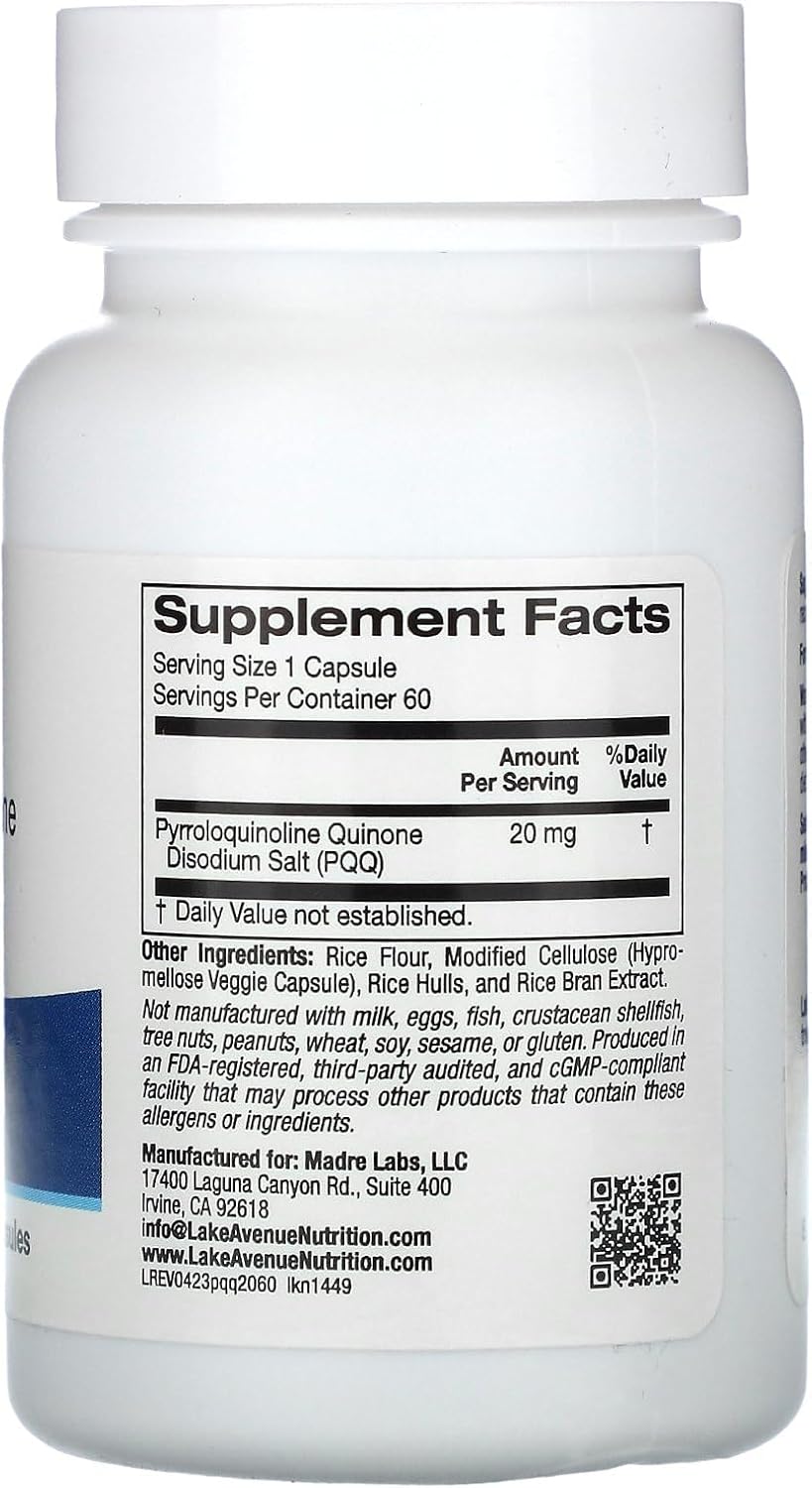 Lake Avenue PQQ 20mg, 60 Vegetarian Capsules - Pyrroloquinoline Quinone Supplement
