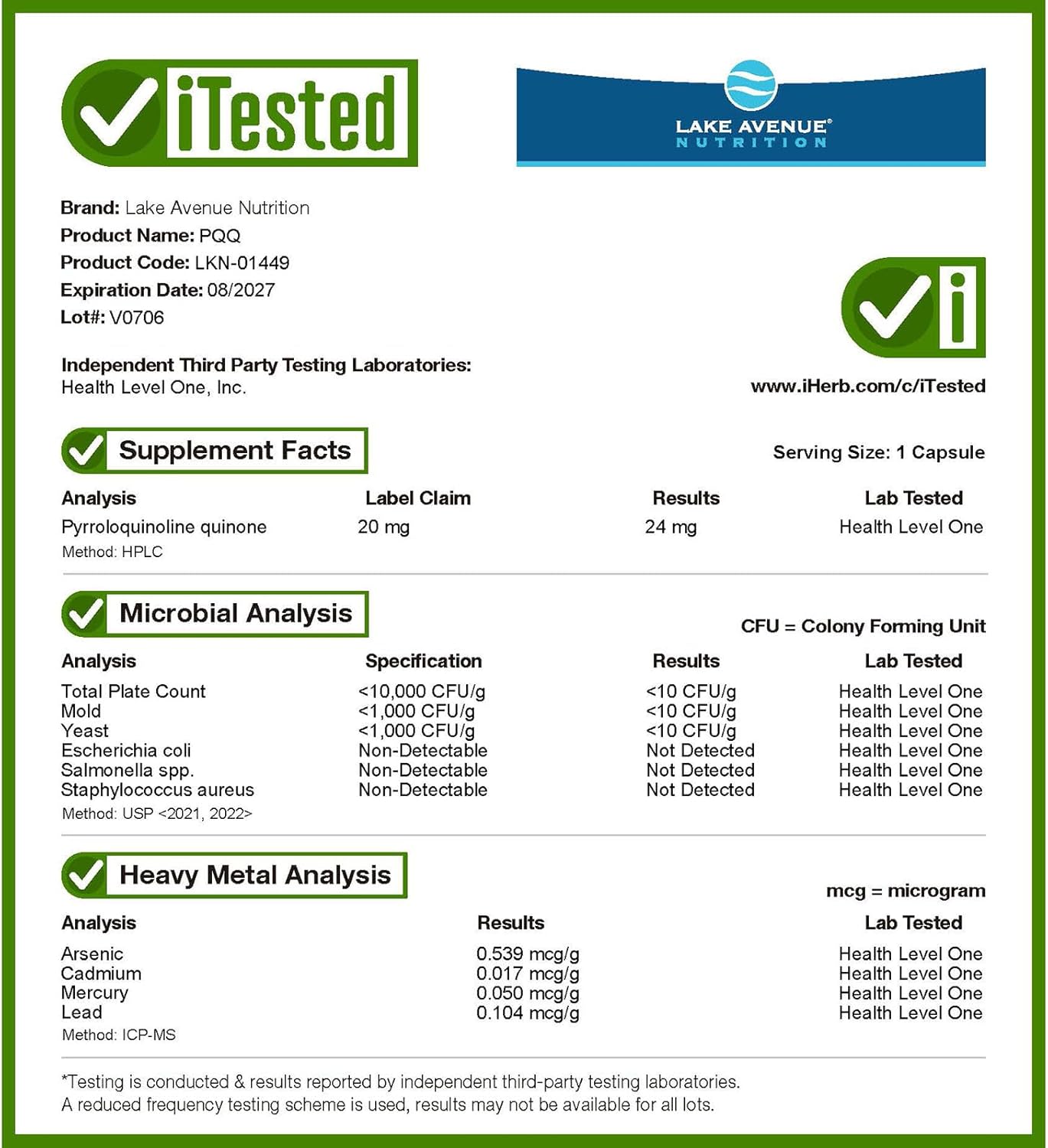 Lake Avenue PQQ 20mg, 60 Vegetarian Capsules - Pyrroloquinoline Quinone Supplement