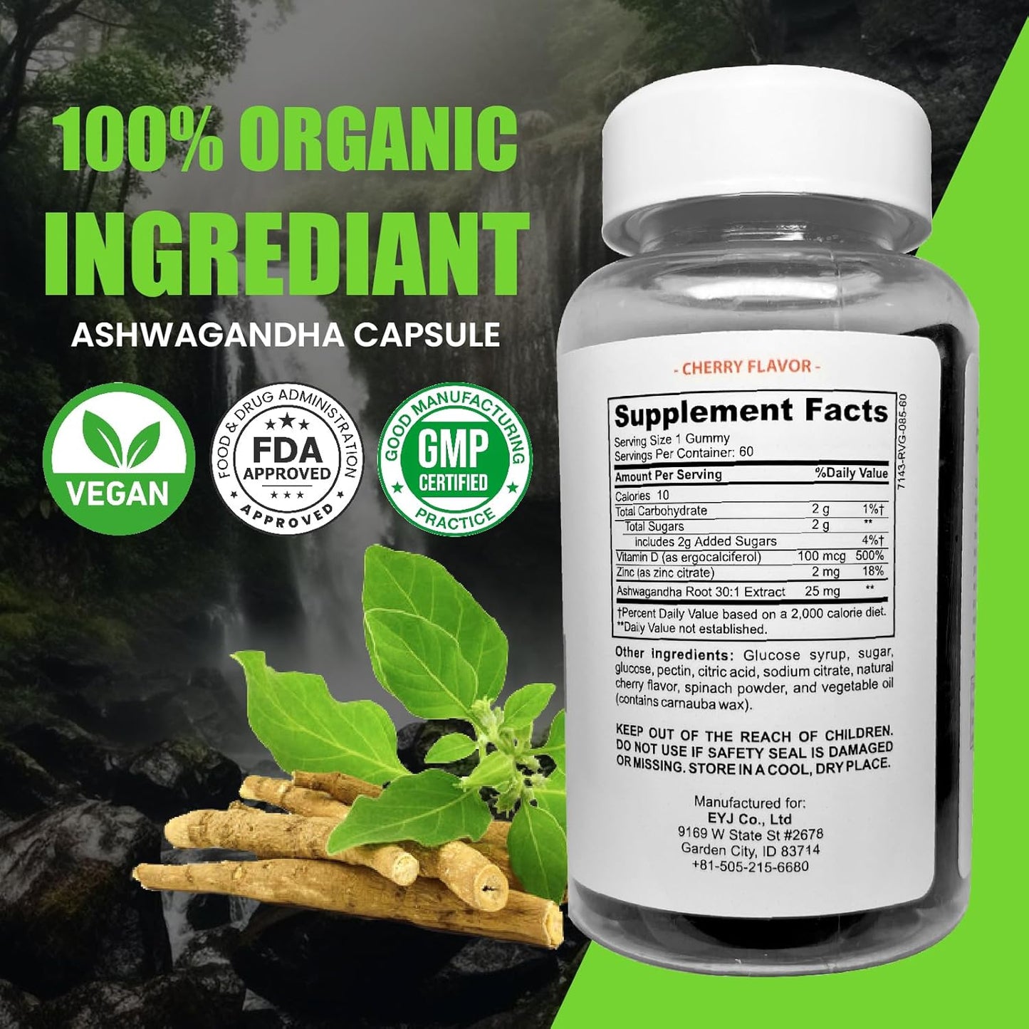 LallaAlpha Ashwagandha Gummies - 750mg Natural Stress Relief - 60 Count - Boost Energy & Manage Stress - Green