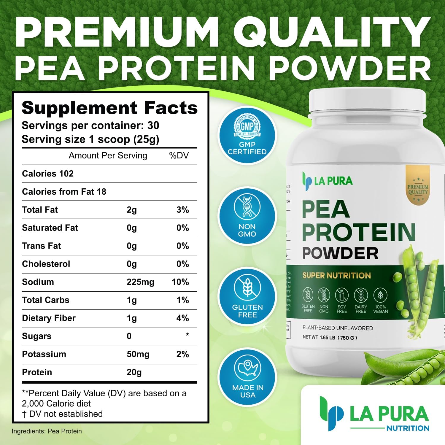 LaPura 100% Vegan Pea Protein Powder - 1.65LB, Unflavored Plant-Based Protein with 20g Protein, Easy to Digest, Gluten Free, Non-GMO, No Additives - Optimal Nutrition