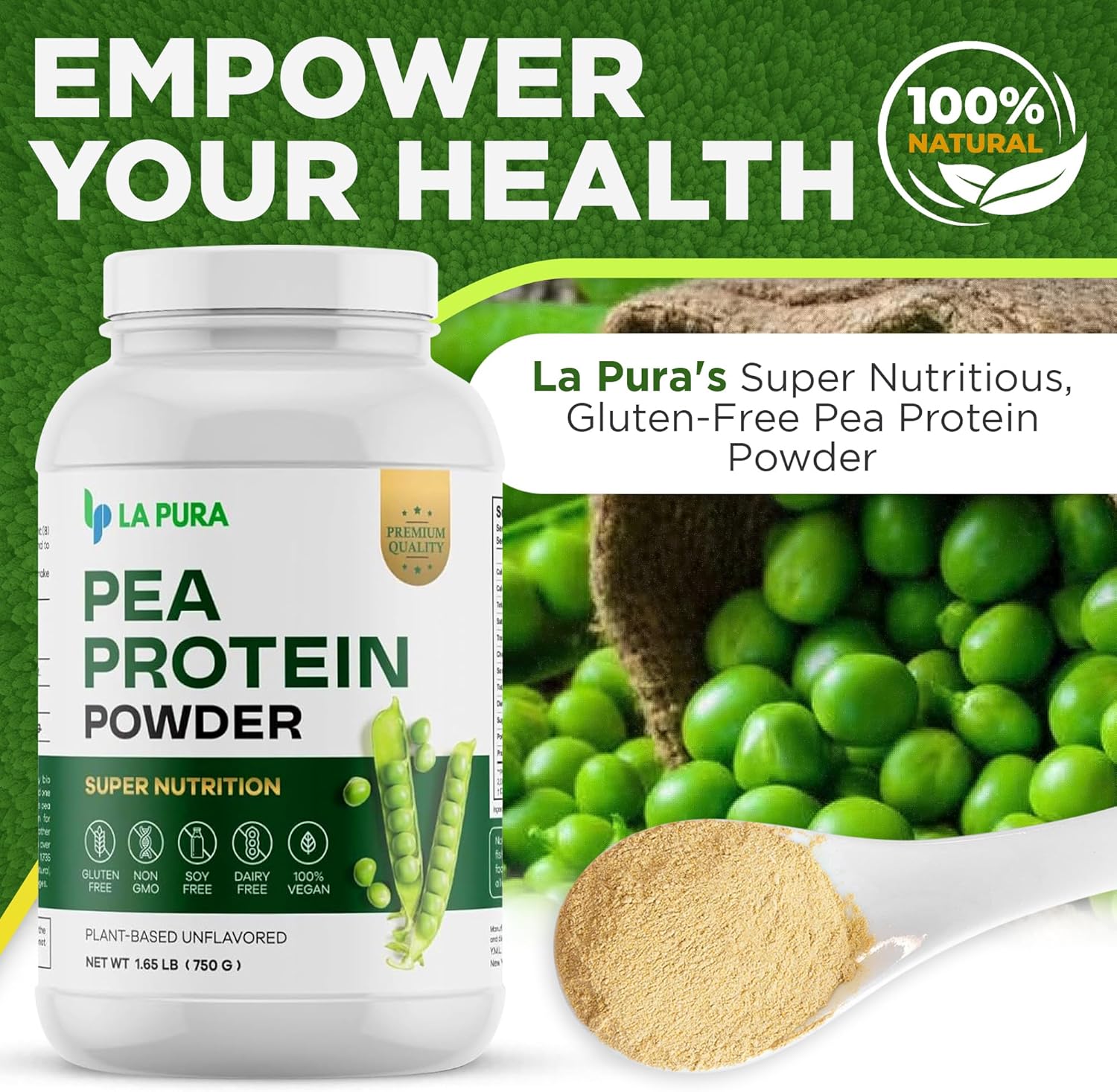 LaPura 100% Vegan Pea Protein Powder - 1.65LB, Unflavored Plant-Based Protein with 20g Protein, Easy to Digest, Gluten Free, Non-GMO, No Additives - Optimal Nutrition
