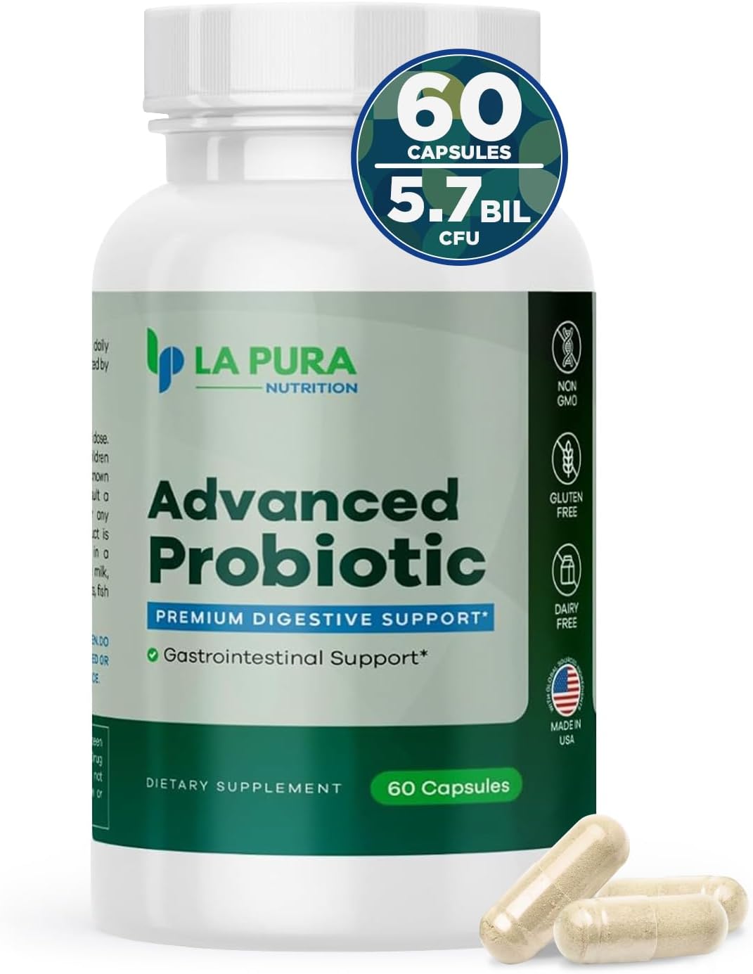 LaPura Advanced Probiotic Capsules - Gut & Immune Health Support with DE111 Strain - 5.75 Billion CFU - Non-GMO & Gluten-Free - Made in USA