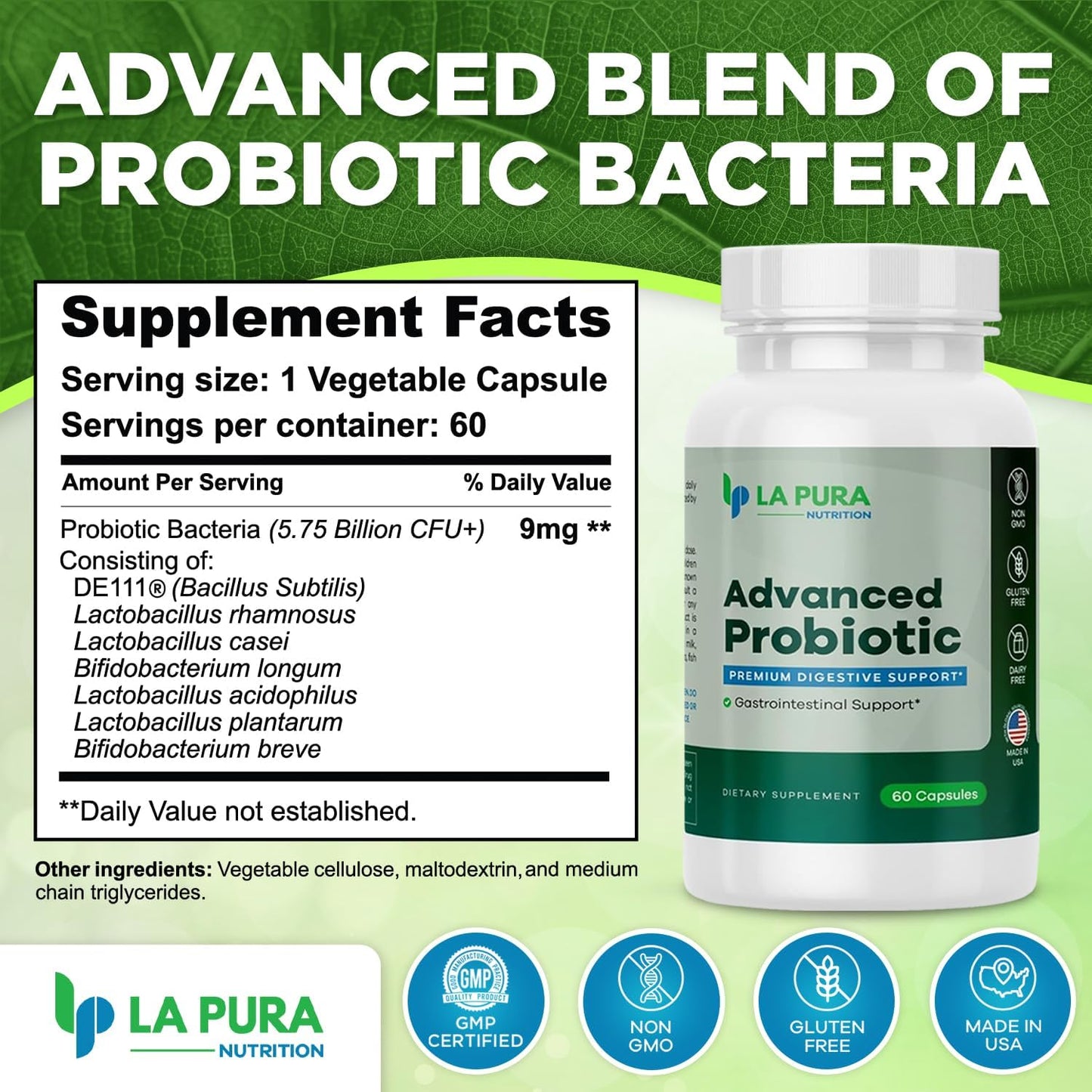 LaPura Advanced Probiotic Capsules - Gut & Immune Health Support with DE111 Strain - 5.75 Billion CFU - Non-GMO & Gluten-Free - Made in USA