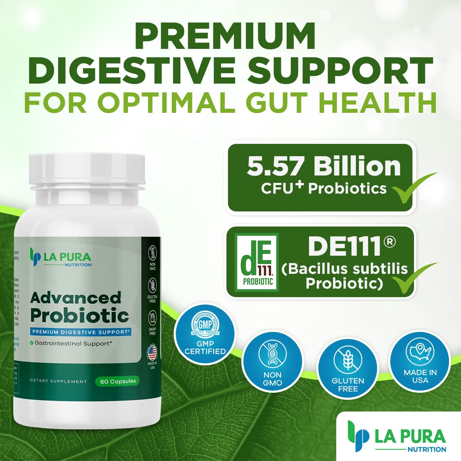 LaPura Advanced Probiotic Capsules - Gut & Immune Health Support with DE111 Strain - 5.75 Billion CFU - Non-GMO & Gluten-Free - Made in USA