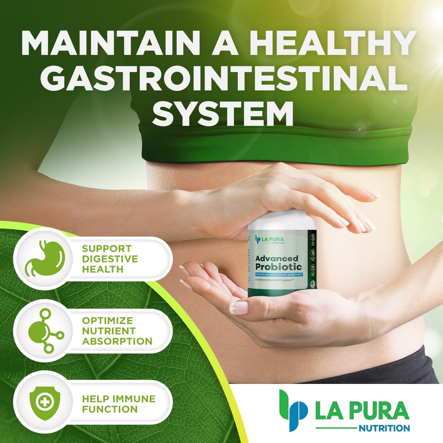 LaPura Advanced Probiotic Capsules - Gut & Immune Health Support with DE111 Strain - 5.75 Billion CFU - Non-GMO & Gluten-Free - Made in USA