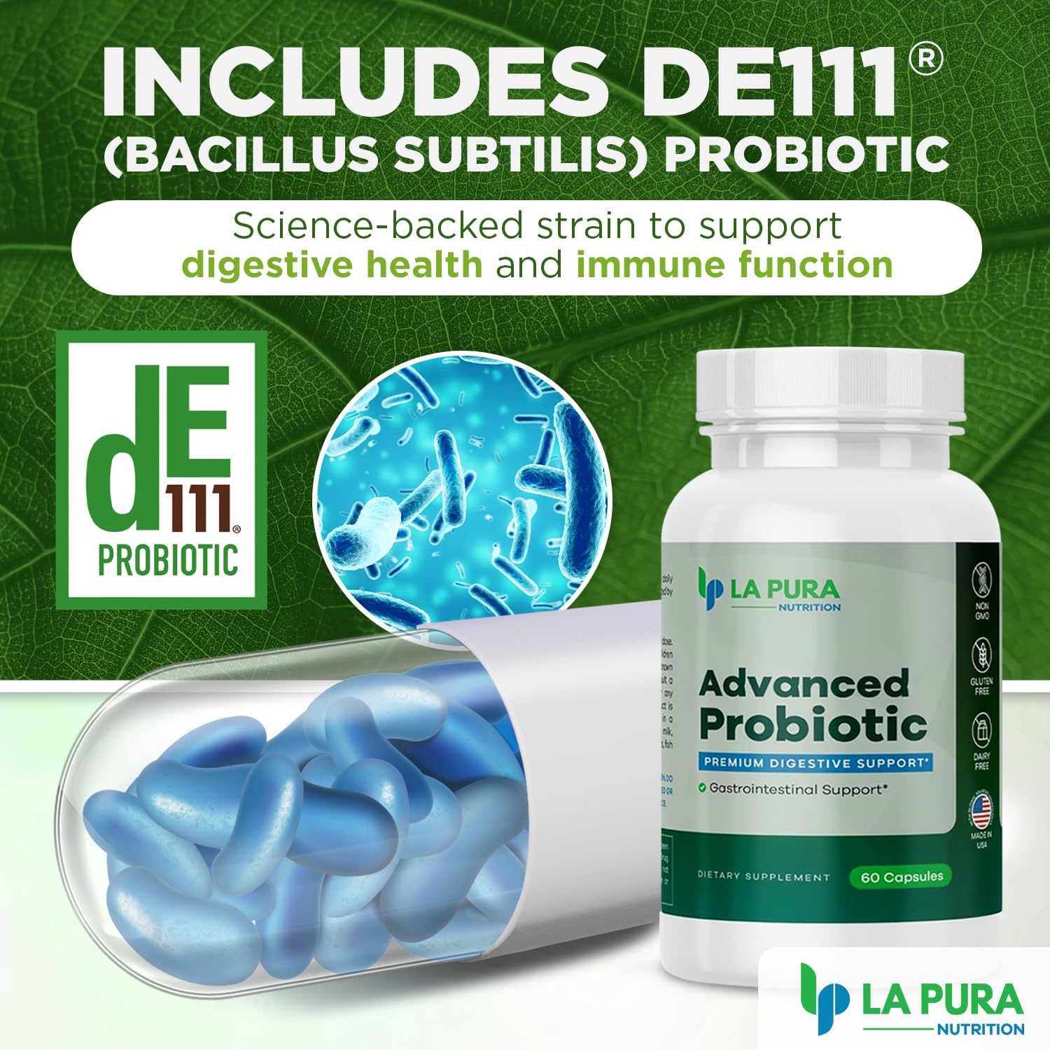 LaPura Advanced Probiotic Capsules - Gut & Immune Health Support with DE111 Strain - 5.75 Billion CFU - Non-GMO & Gluten-Free - Made in USA
