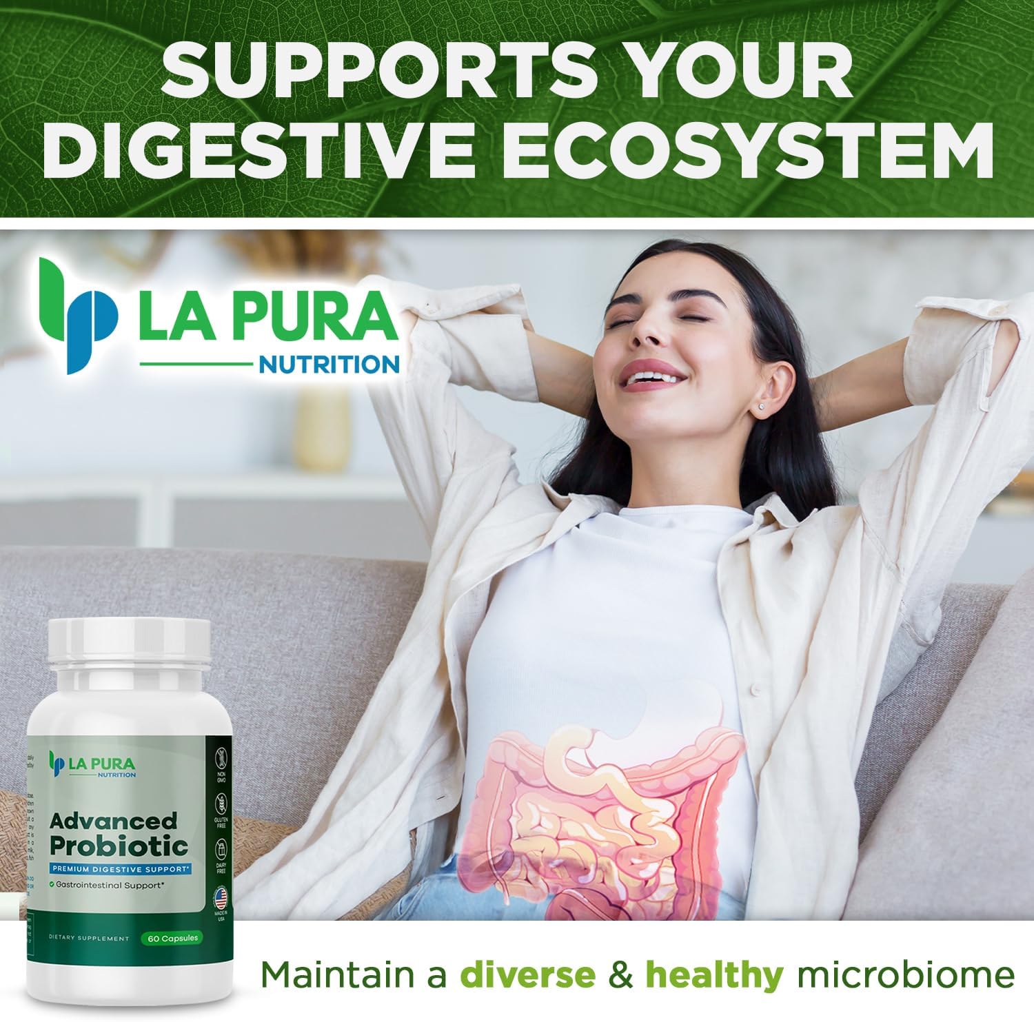 LaPura Advanced Probiotic Capsules - Gut & Immune Health Support with DE111 Strain - 5.75 Billion CFU - Non-GMO & Gluten-Free - Made in USA