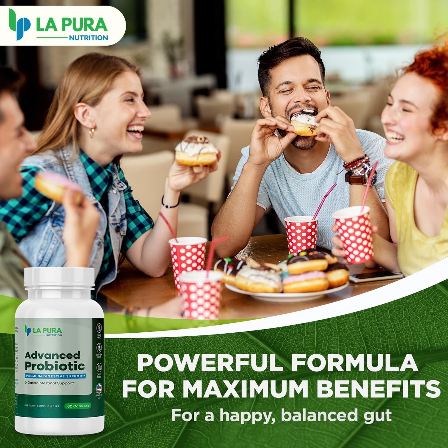 LaPura Advanced Probiotic Capsules - Gut & Immune Health Support with DE111 Strain - 5.75 Billion CFU - Non-GMO & Gluten-Free - Made in USA