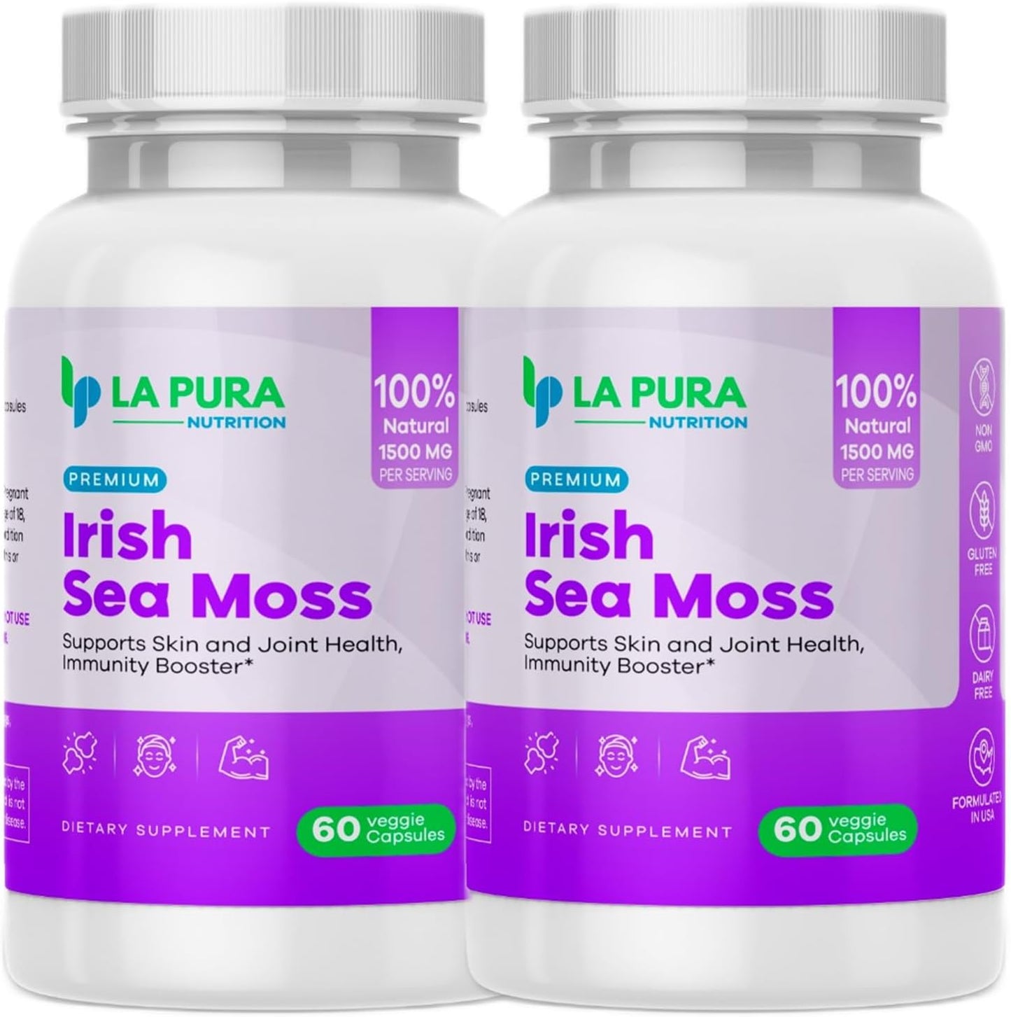 LaPura Premium Irish Sea Moss 1500mg Supplement - Supports Skin, Hair, Nails, Joints, Immune System - Natural Energy Booster - Non-GMO, Made in USA - 60 Veggie Capsules