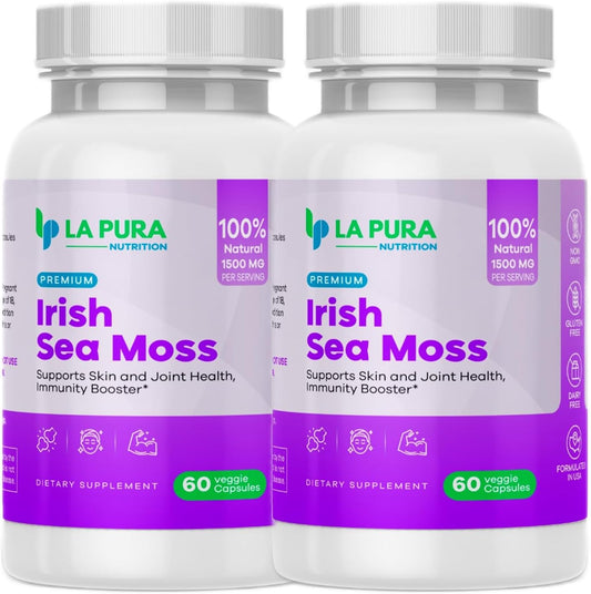 LaPura Premium Irish Sea Moss 1500mg Supplement - Supports Skin, Hair, Nails, Joints, Immune System - Natural Energy Booster - Non-GMO, Made in USA - 60 Veggie Capsules