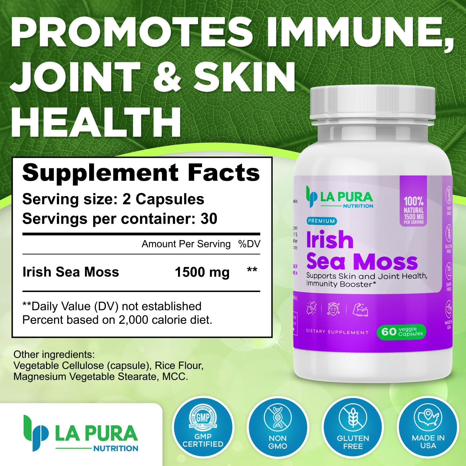 LaPura Premium Irish Sea Moss 1500mg Supplement - Supports Skin, Hair, Nails, Joints, Immune System - Natural Energy Booster - Non-GMO, Made in USA - 60 Veggie Capsules