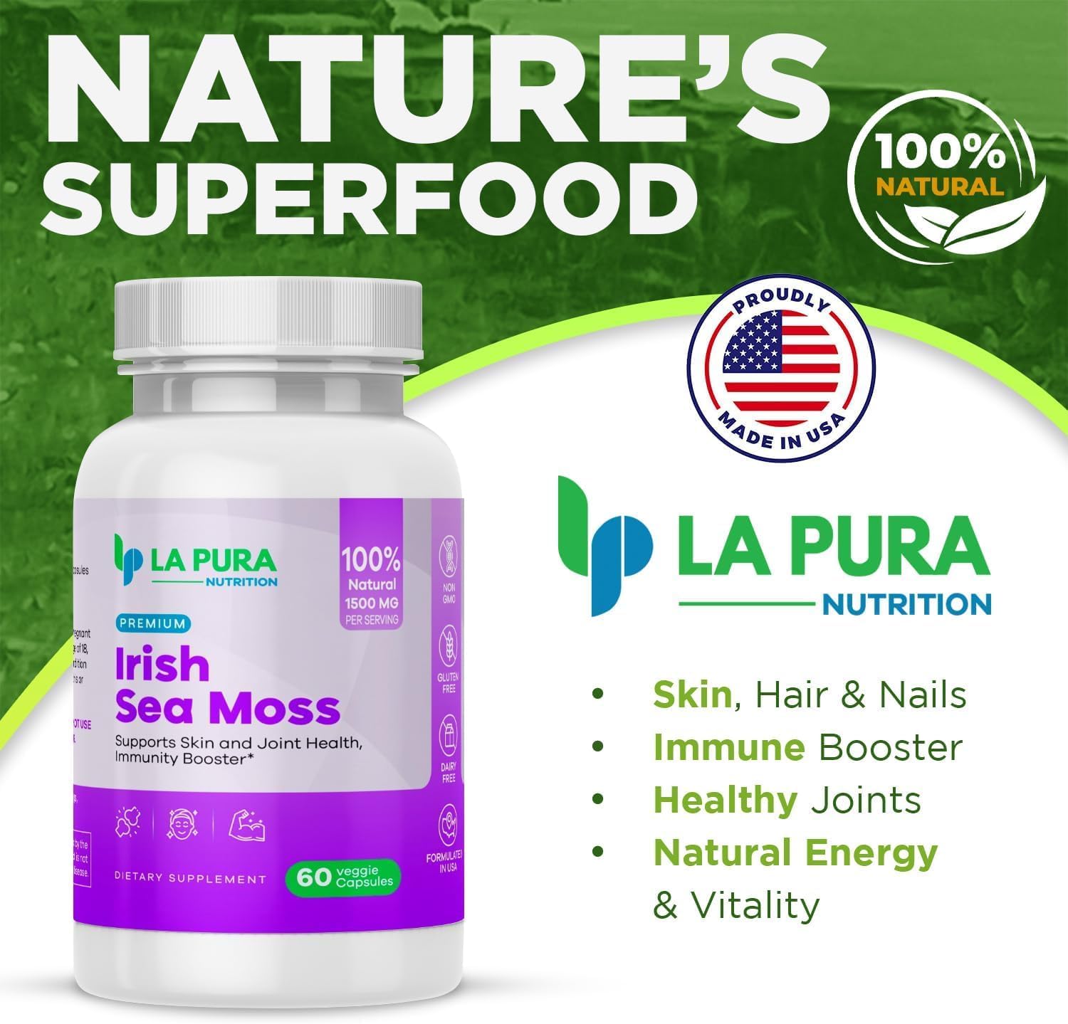 LaPura Premium Irish Sea Moss 1500mg Supplement - Supports Skin, Hair, Nails, Joints, Immune System - Natural Energy Booster - Non-GMO, Made in USA - 60 Veggie Capsules