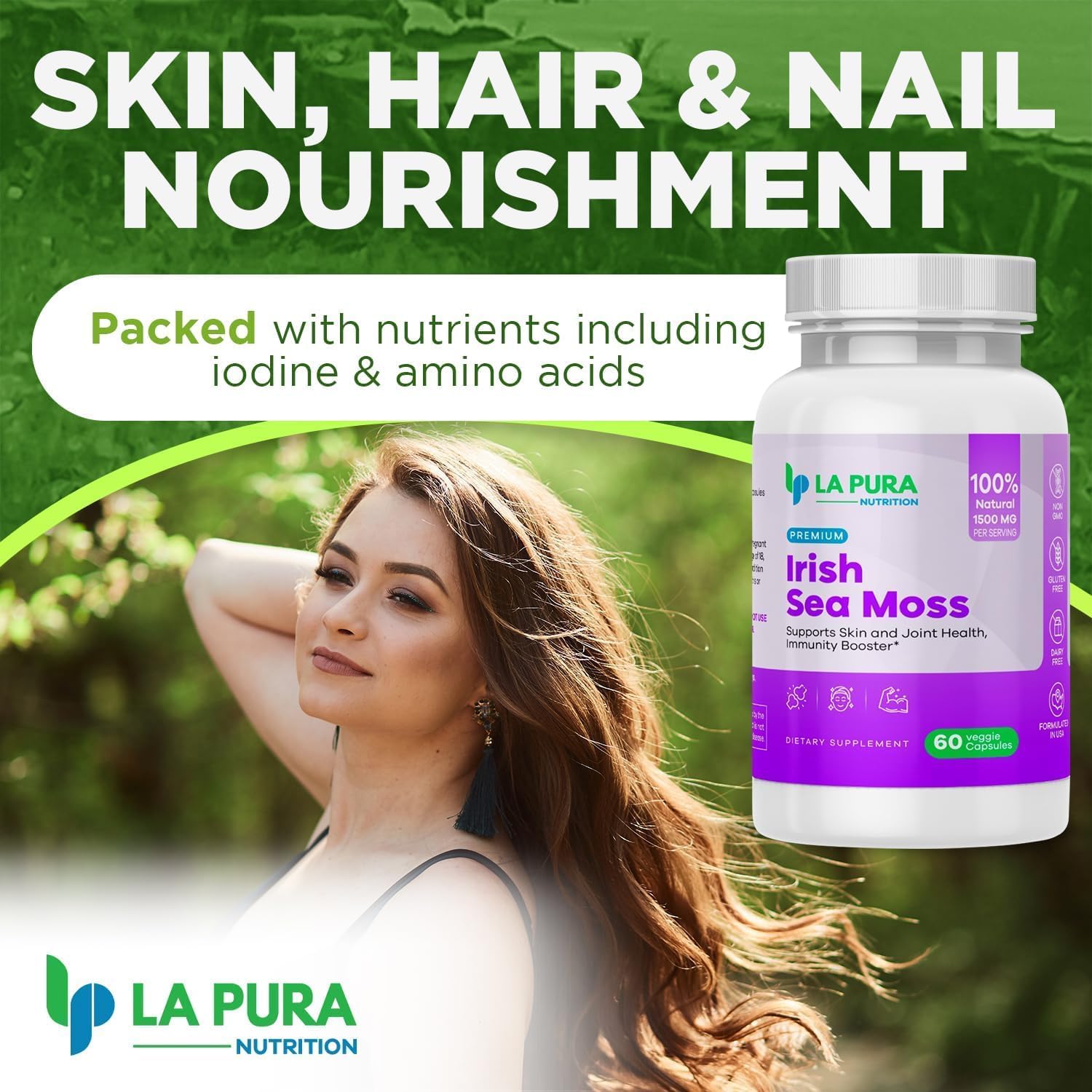 LaPura Premium Irish Sea Moss 1500mg Supplement - Supports Skin, Hair, Nails, Joints, Immune System - Natural Energy Booster - Non-GMO, Made in USA - 60 Veggie Capsules