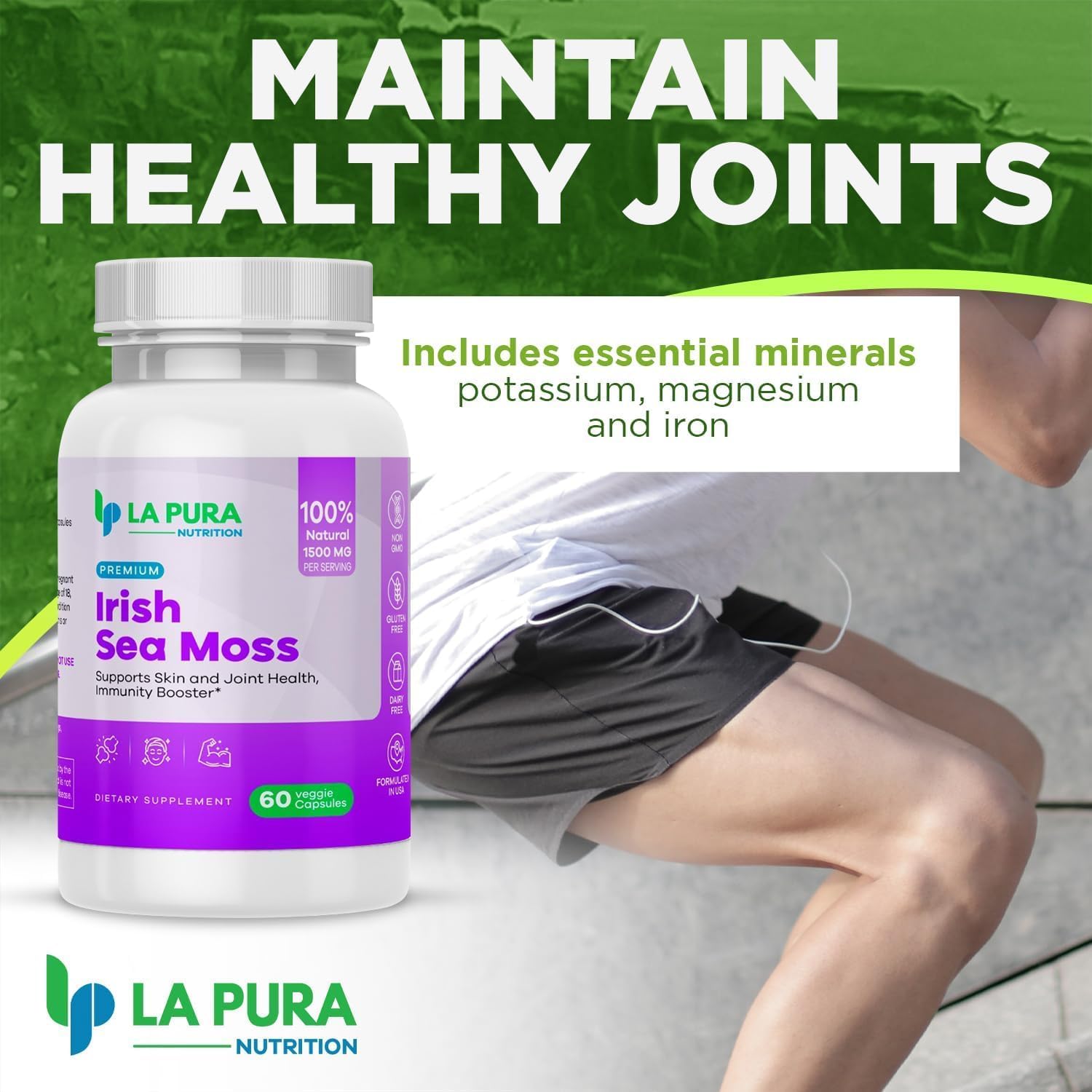 LaPura Premium Irish Sea Moss 1500mg Supplement - Supports Skin, Hair, Nails, Joints, Immune System - Natural Energy Booster - Non-GMO, Made in USA - 60 Veggie Capsules