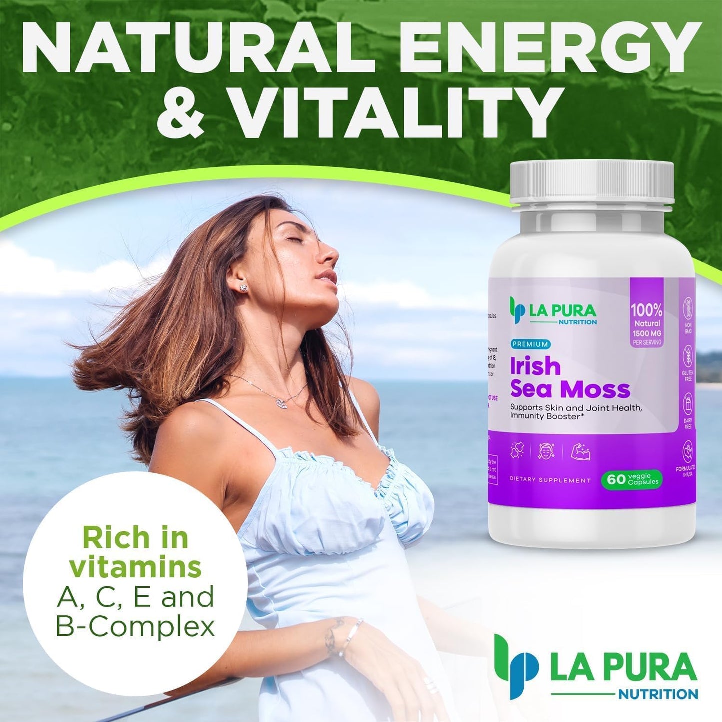 LaPura Premium Irish Sea Moss 1500mg Supplement - Supports Skin, Hair, Nails, Joints, Immune System - Natural Energy Booster - Non-GMO, Made in USA - 60 Veggie Capsules