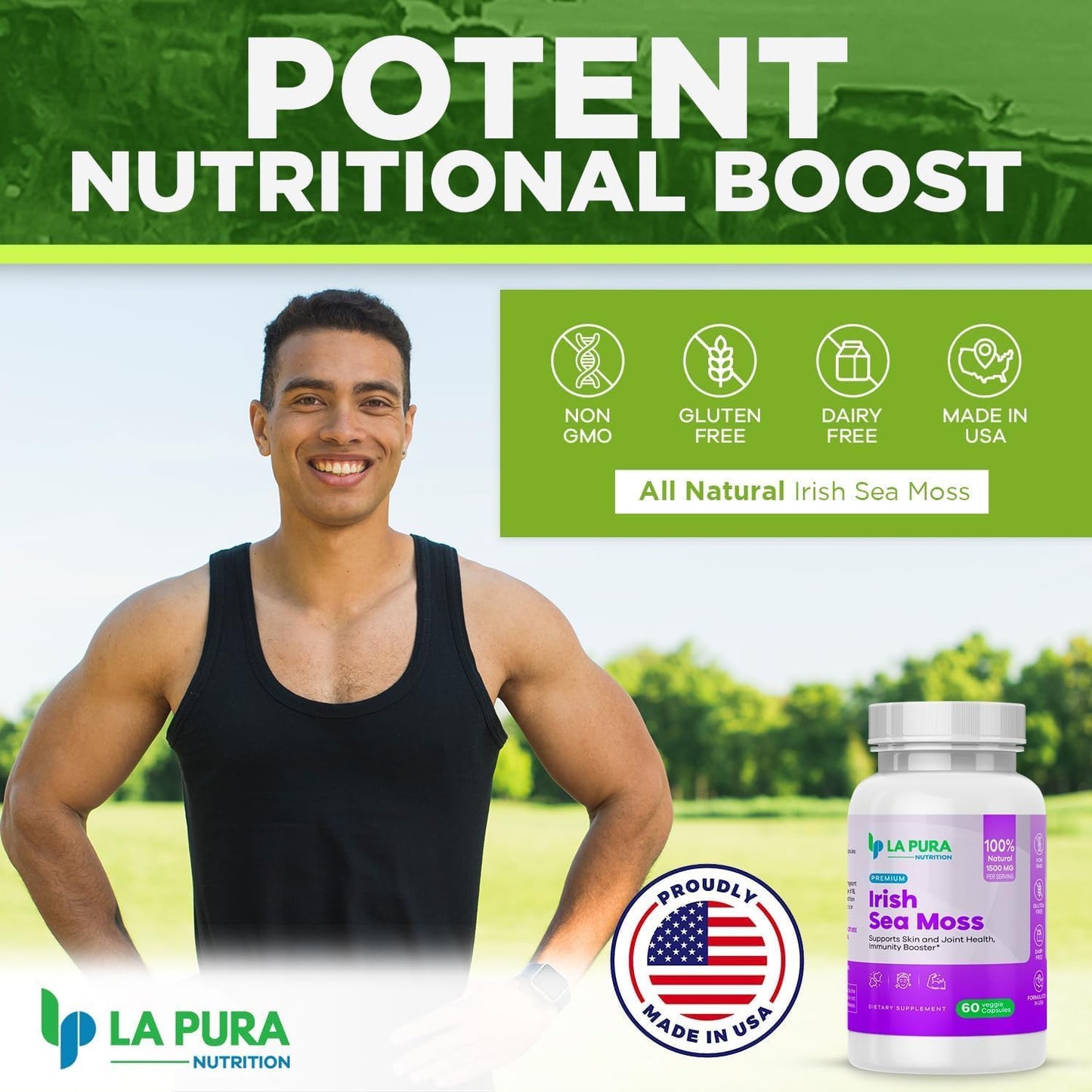 LaPura Premium Irish Sea Moss 1500mg Supplement - Supports Skin, Hair, Nails, Joints, Immune System - Natural Energy Booster - Non-GMO, Made in USA - 60 Veggie Capsules