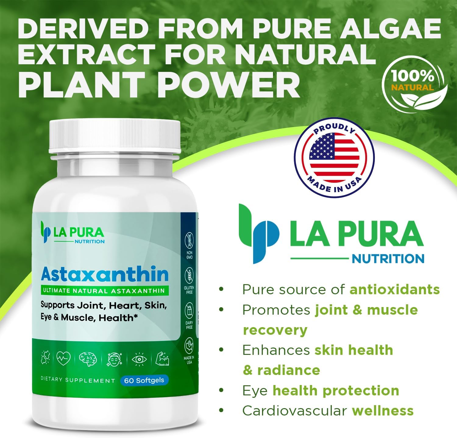 LaPura Ultimate Astaxanthin 10mg Softgels - Pure & Non-GMO Algae Supplement for Joints, Heart, Brain, Skin, Eyes, Muscles - 60 Capsules, Made in USA