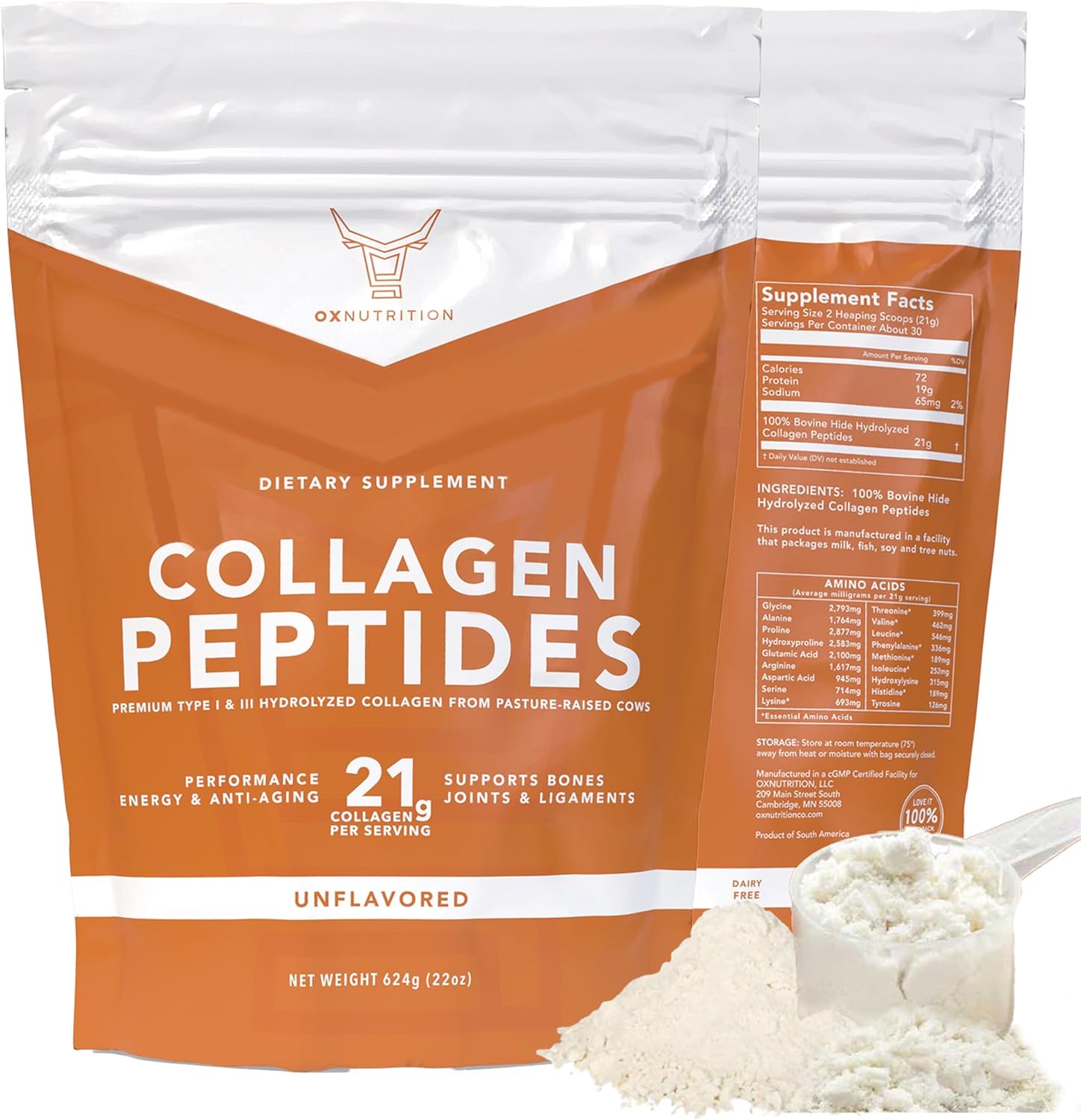 Large 22oz OX Collagen Peptides Powder, Hydrolyzed for Healthy Skin Hair Nail Joints - Grass Fed, Pasture Raised, Non-GMO, Gluten Free, 3P Tested - Unflavored - Certified cGMP - BoostGo Australia