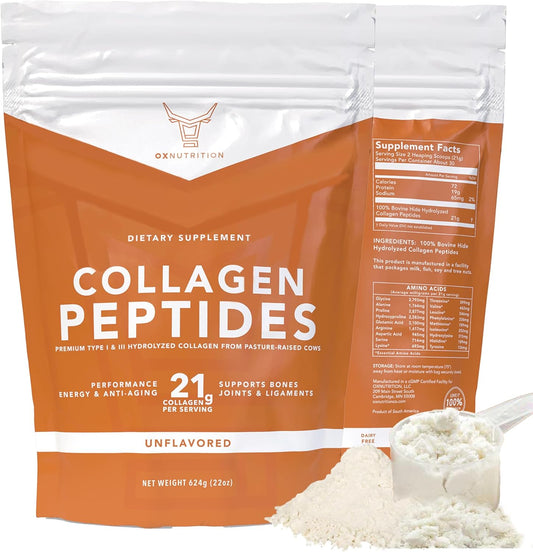Large 22oz OX Collagen Peptides Powder, Hydrolyzed for Healthy Skin Hair Nail Joints - Grass Fed, Pasture Raised, Non-GMO, Gluten Free, 3P Tested - Unflavored - Certified cGMP - BoostGo Australia