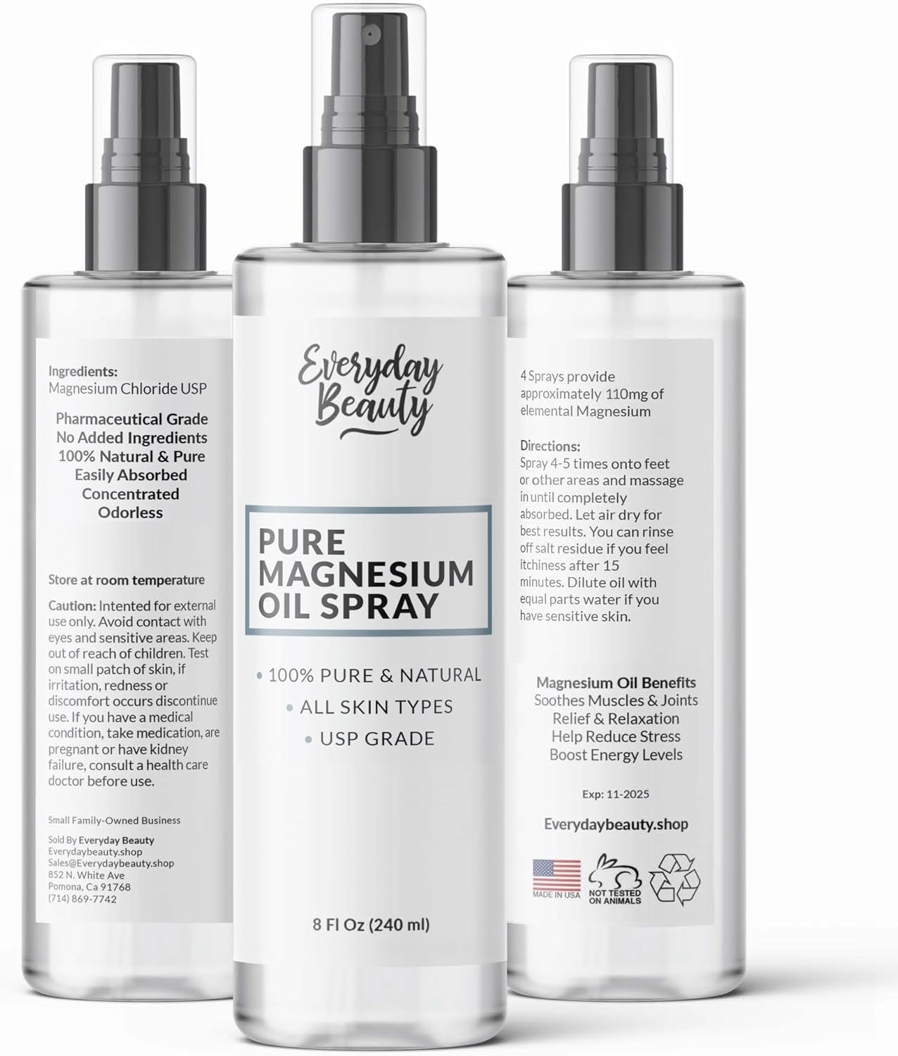 Large 8oz Pure Magnesium Oil Spray - 100% Natural USP Grade - Made in USA - Beauty Inside and Out