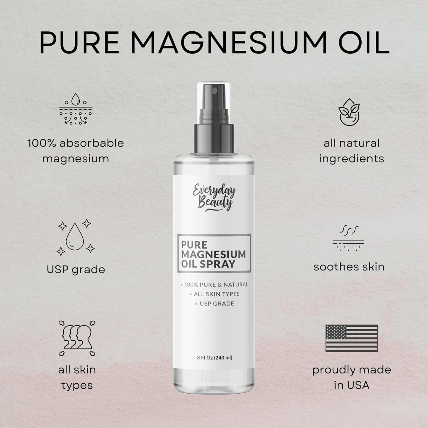 Large 8oz Pure Magnesium Oil Spray - 100% Natural USP Grade - Made in USA - Beauty Inside and Out
