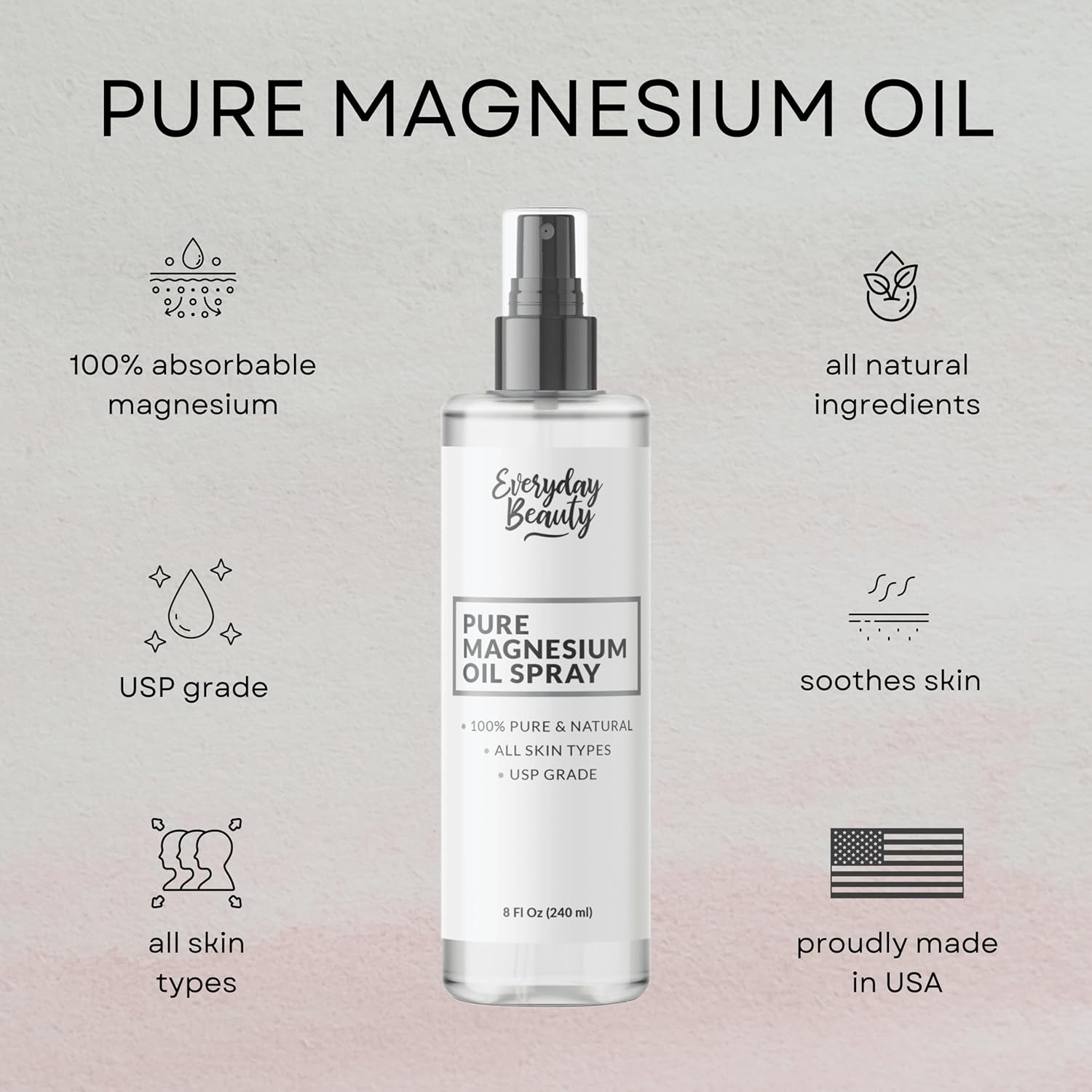 Large 8oz Pure Magnesium Oil Spray - 100% Natural USP Grade - Made in USA - Beauty Inside and Out
