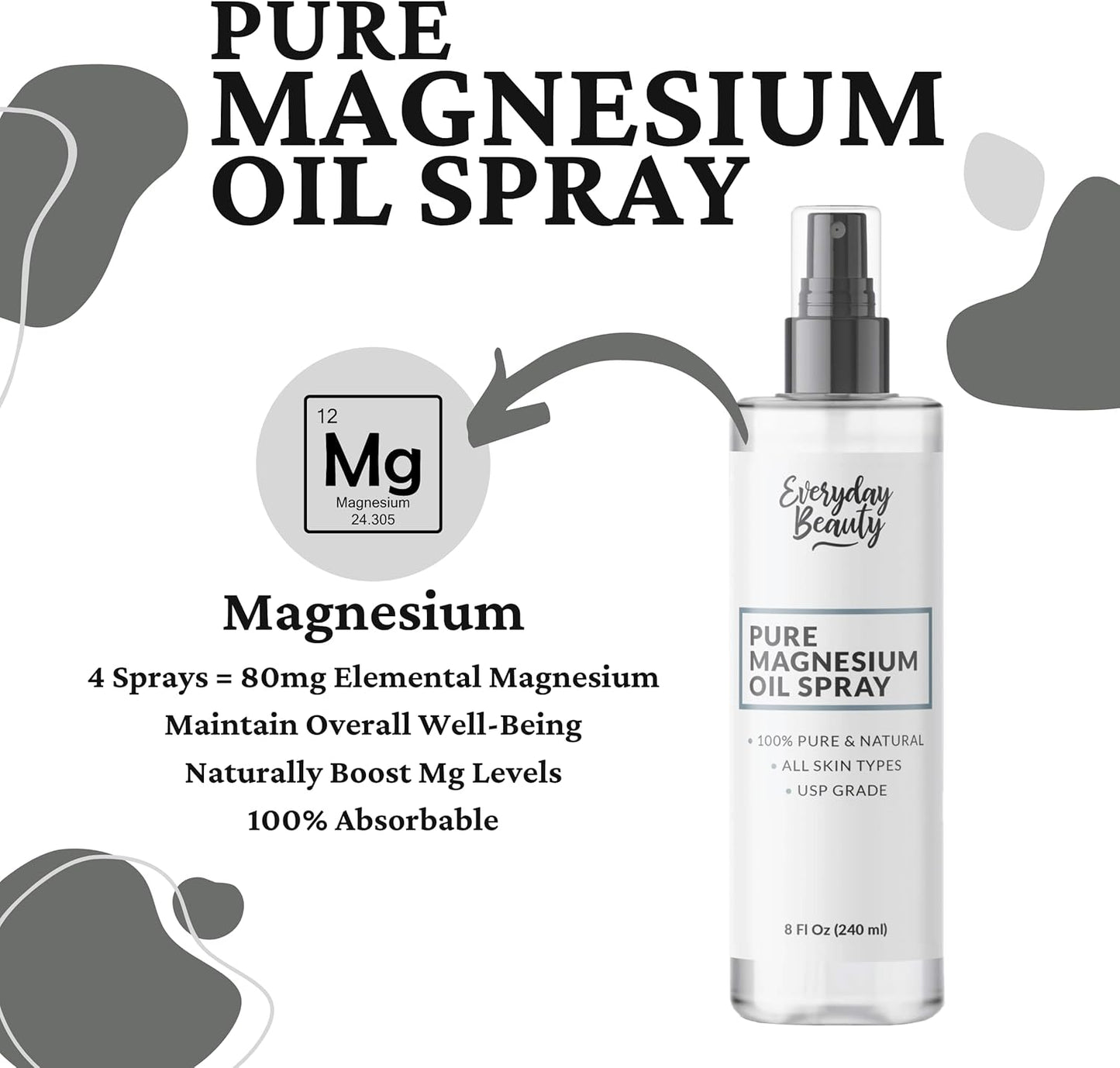 Large 8oz Pure Magnesium Oil Spray - 100% Natural USP Grade - Made in USA - Beauty Inside and Out
