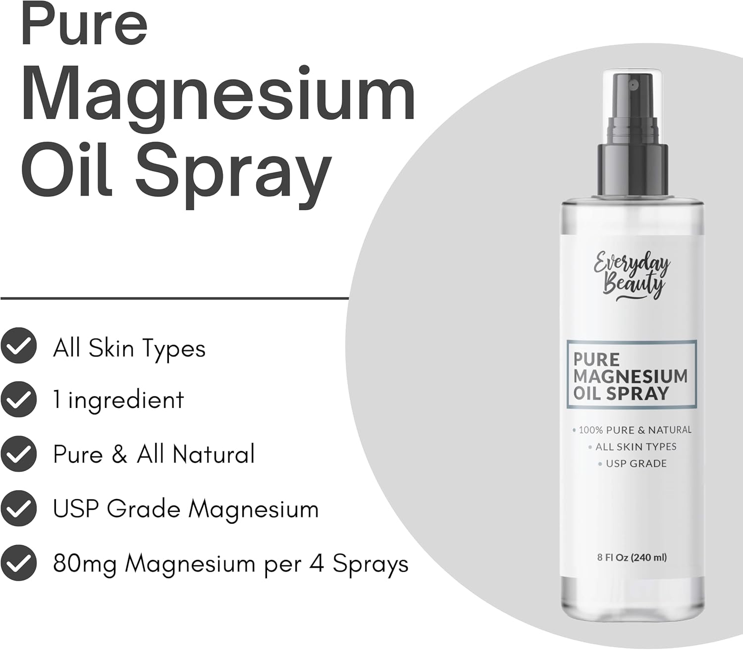 Large 8oz Pure Magnesium Oil Spray - 100% Natural USP Grade - Made in USA - Beauty Inside and Out