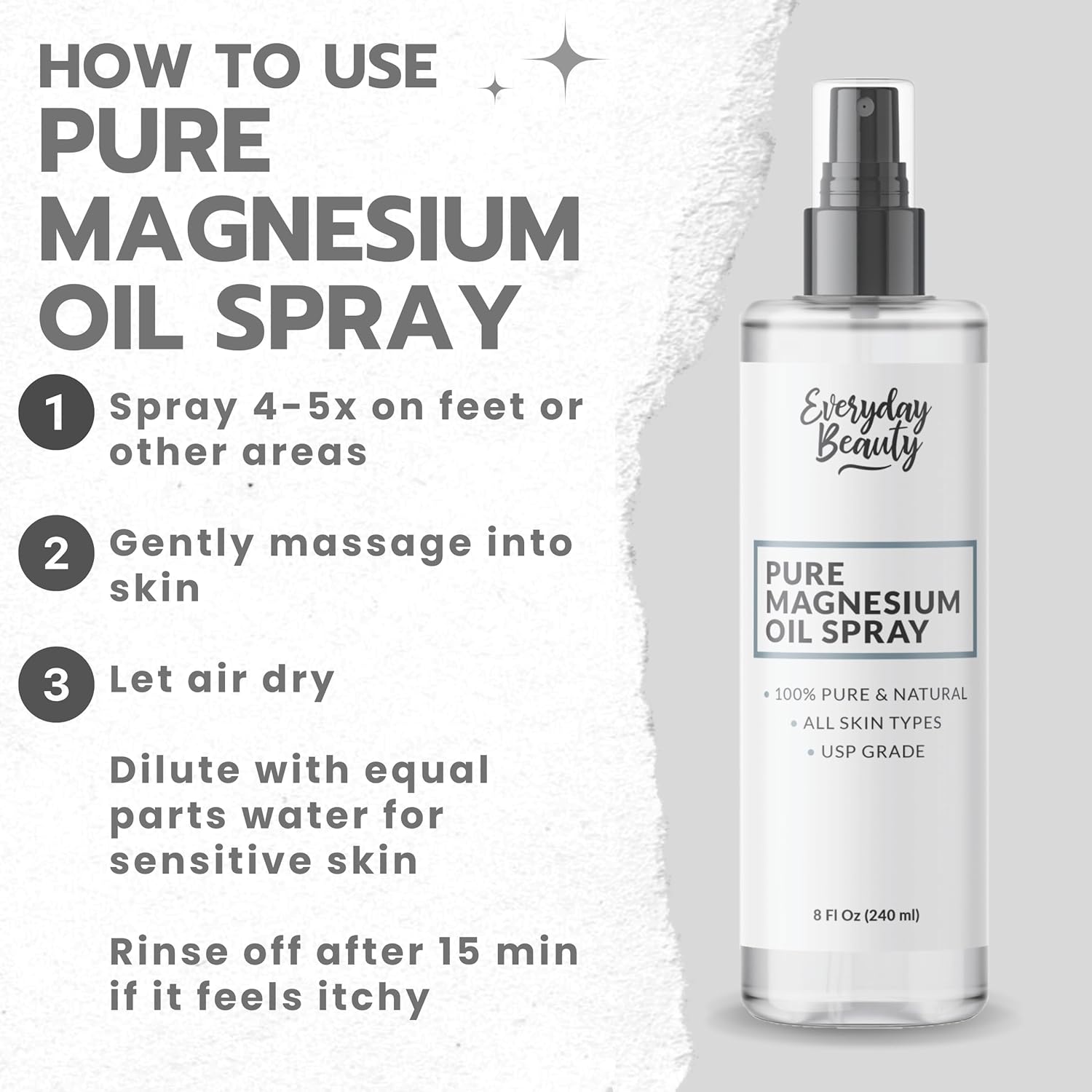 Large 8oz Pure Magnesium Oil Spray - 100% Natural USP Grade - Made in USA - Beauty Inside and Out