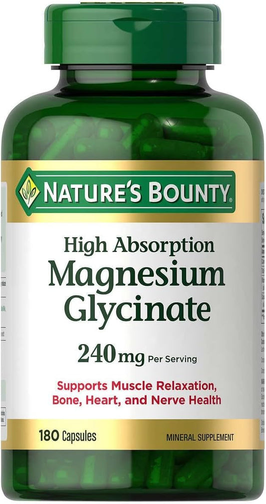 Large Bottle of Natures Bounty Magnesium Glycinate Capsules - 180 Count, 240 mg