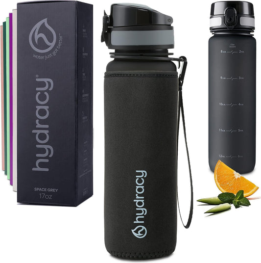 Large BPA Free Hydracy Water Bottle with Time Marker, No Sweat Sleeve, Fruit Infuser, Leak Proof Gym Bottle - Perfect for Fitness, Sports, Outdoors - Stay Hydrated with Times to Drink