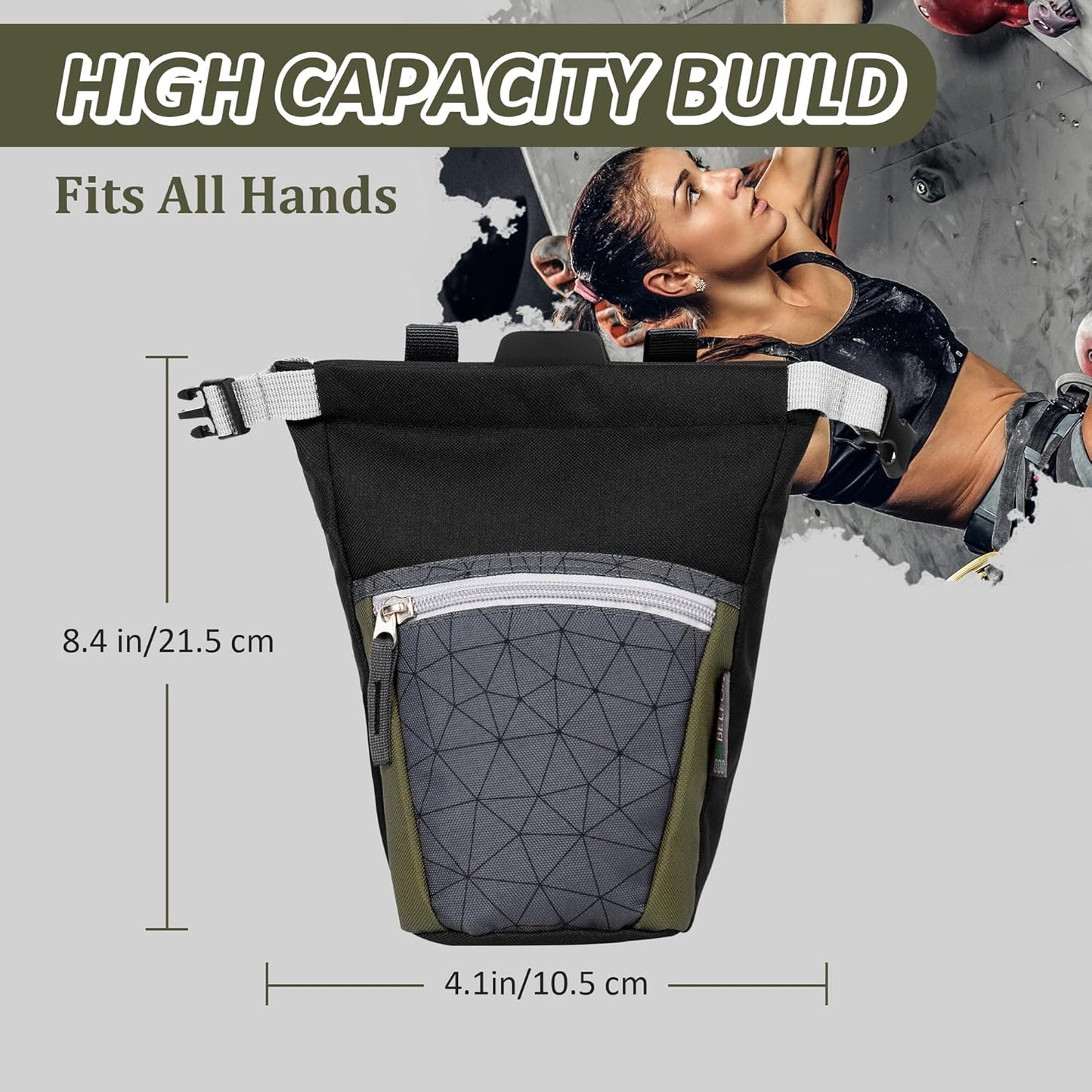 Large Chalk Bag for Rock Climbing with Liquid Chalk, Carabiner, Magnetic Closure, Zipper Pocket, Brush Holders - BELEON
