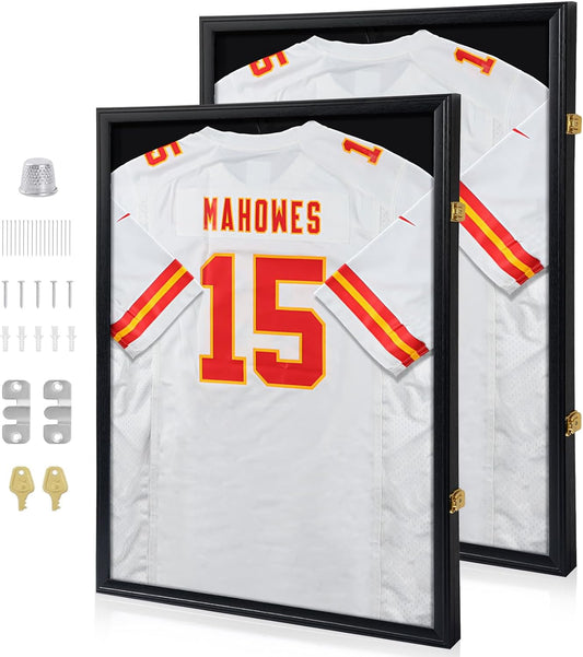 Large Lockable Jersey Frame Display Case with UV Protection and Hanger for Sports Memorabilia - Set of 2