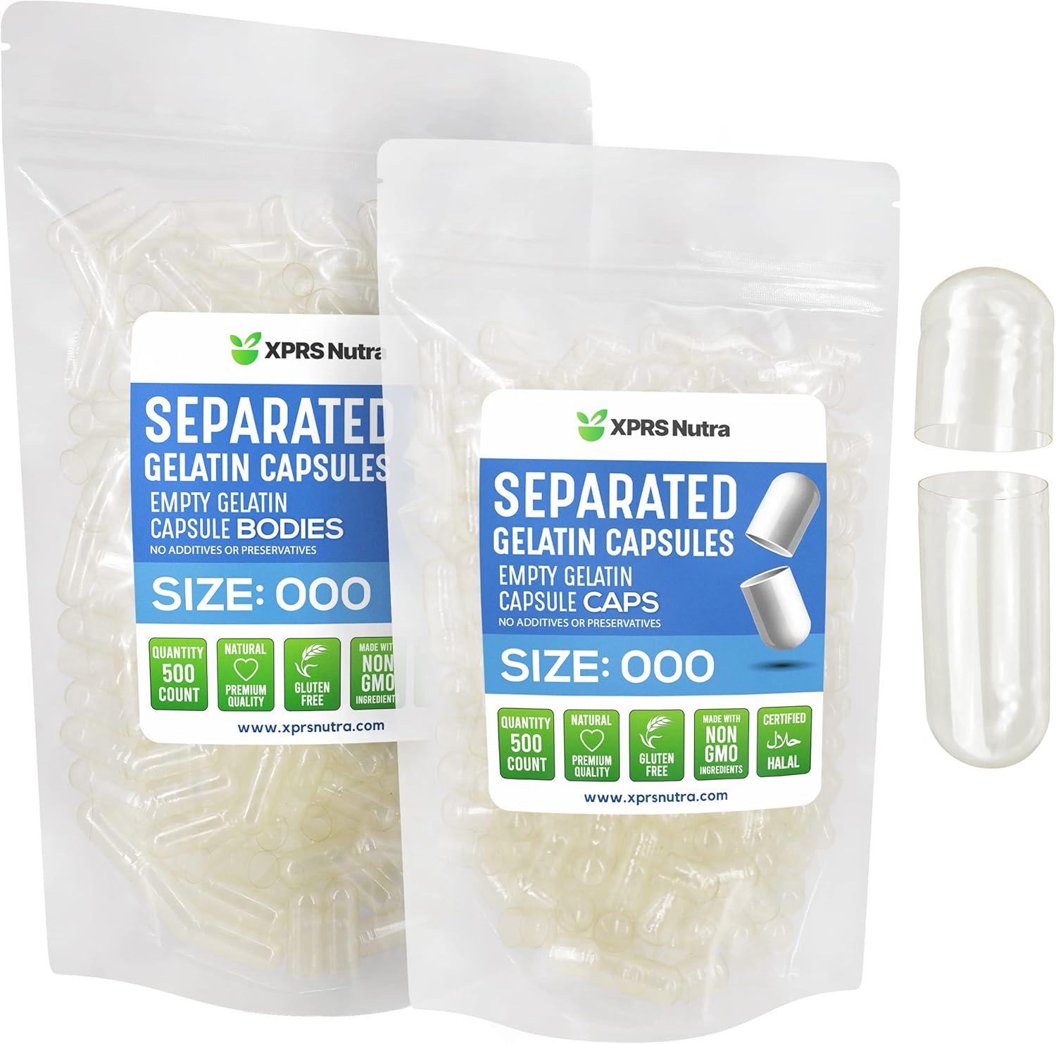 Large Size 000 Gelatin Capsules - 500 Count Bags - Premium Clear Empty Capsules for DIY Supplement Filling - XPRS Nutra