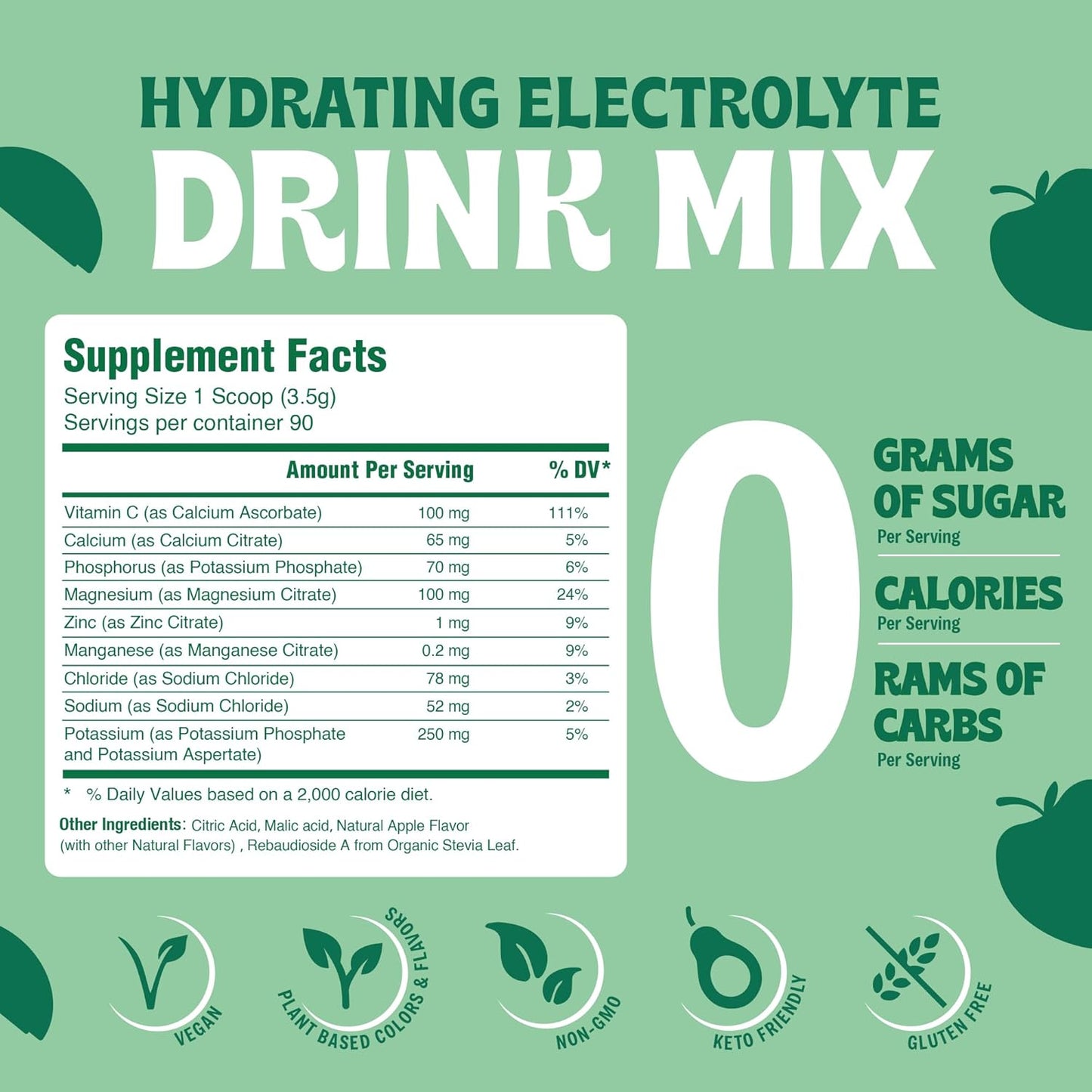 Large Vitalogix Naturals Replenisher Daily Electrolyte Drink Mix - Apple Flavor, Keto-Friendly, Vegan, Non-GMO, Sugar-Free Powder with Electrolytes & Minerals