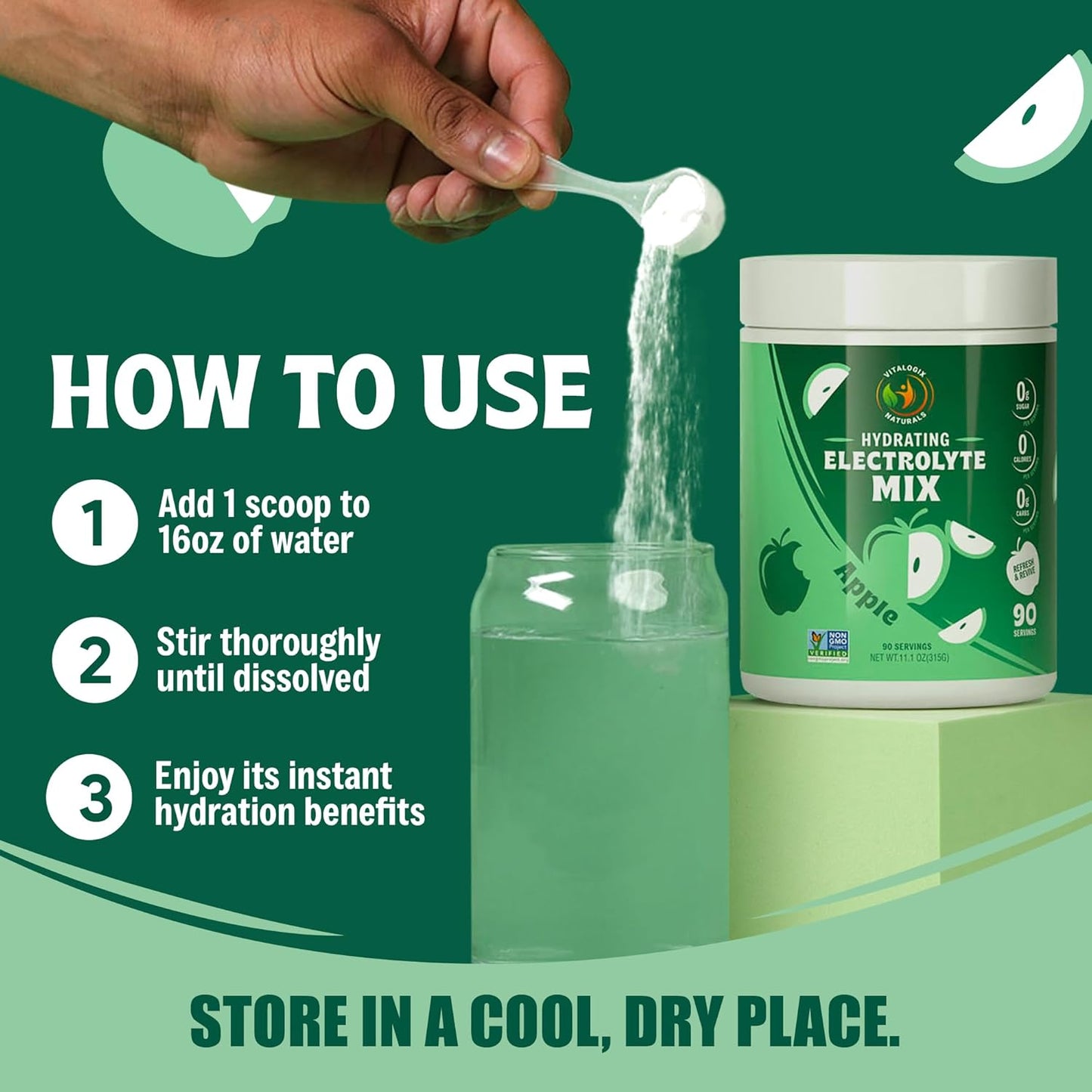 Large Vitalogix Naturals Replenisher Daily Electrolyte Drink Mix - Apple Flavor, Keto-Friendly, Vegan, Non-GMO, Sugar-Free Powder with Electrolytes & Minerals