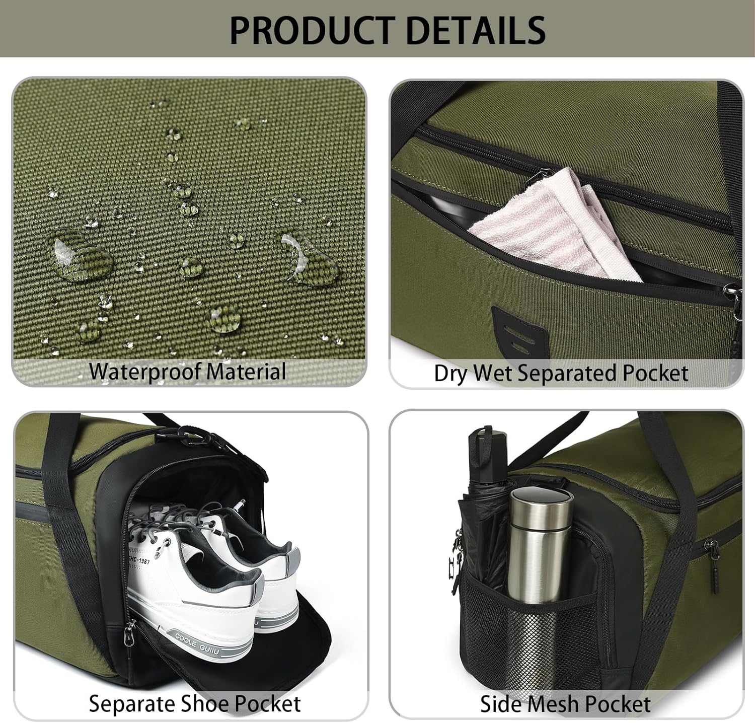 Large Water Resistant Gym Duffle Bag with Shoe Compartment for Men and Women - Weekend Overnight Travel Bag with Wet Pocket - Green Sports Gymbag