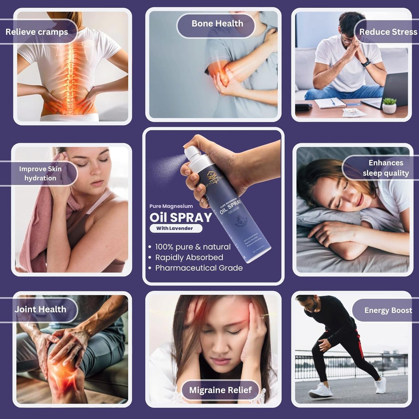 Lavender Magnesium Oil Spray for Muscle, Joint Health & Sleep - 200ml Bottle for Leg Cramps Relief & Nourished Skin