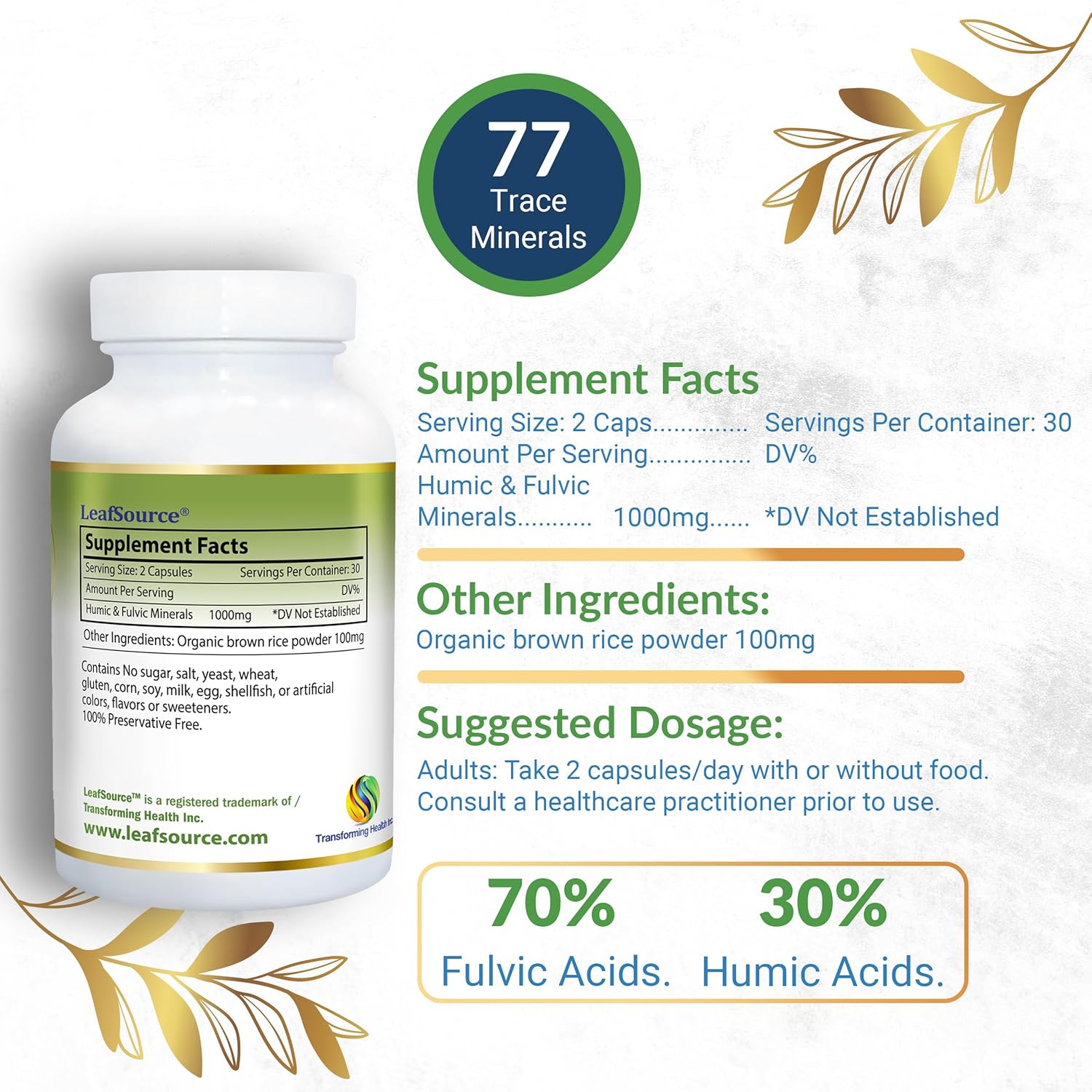 LEAFSOURCE Humic Fulvic Acid Capsules with 77 Trace Minerals, Electrolytes, and Vitamins for Improved Energy, Gut and Joint Health, Hydration, and Nutrient Absorption