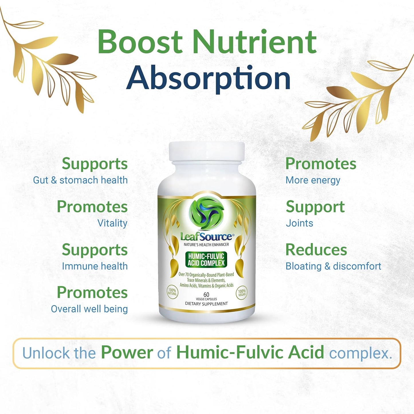 LEAFSOURCE Humic Fulvic Acid Capsules with 77 Trace Minerals, Electrolytes, and Vitamins for Improved Energy, Gut and Joint Health, Hydration, and Nutrient Absorption
