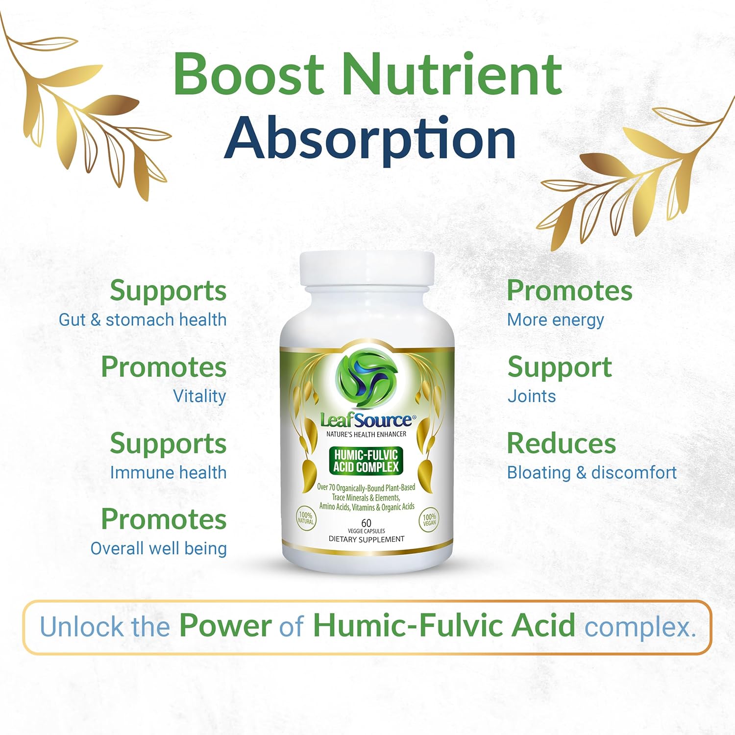 LEAFSOURCE Humic Fulvic Acid Capsules with 77 Trace Minerals, Electrolytes, and Vitamins for Improved Energy, Gut and Joint Health, Hydration, and Nutrient Absorption