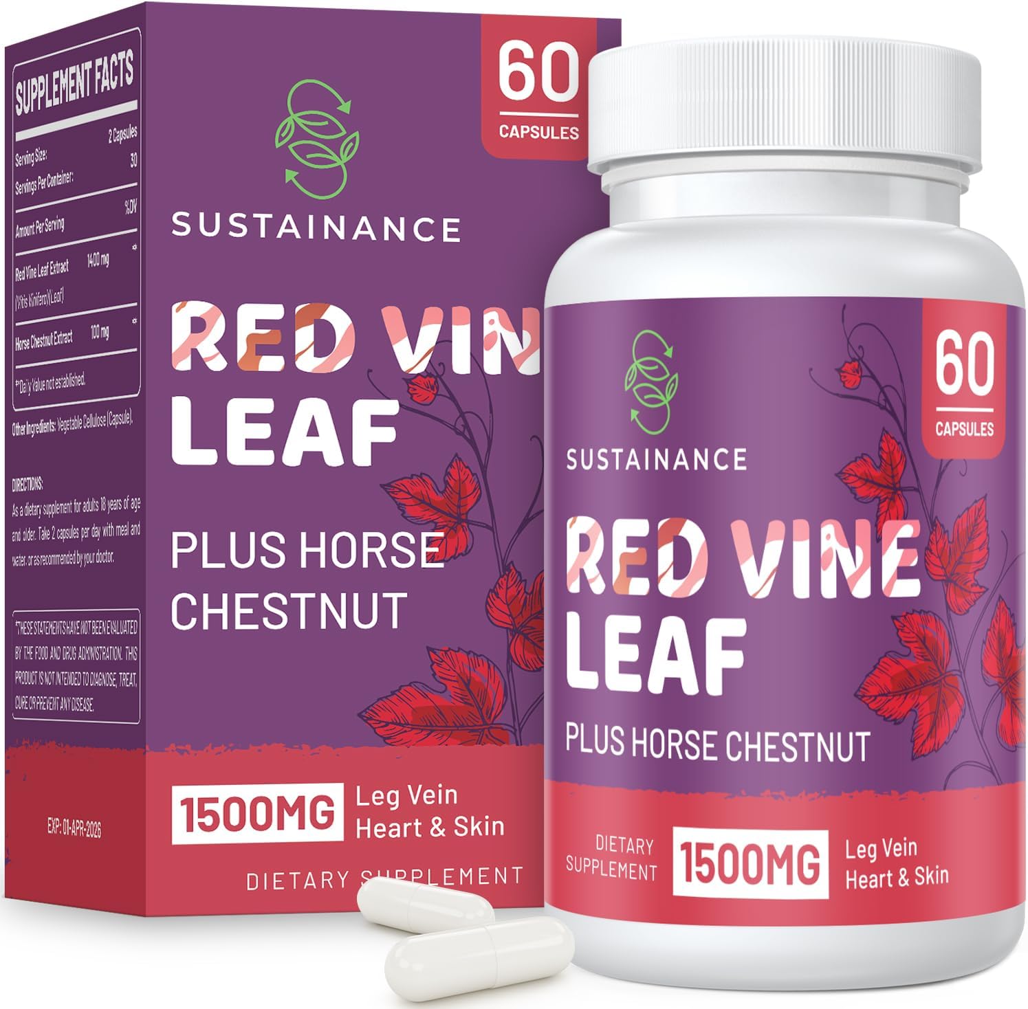 Leg & Vein Support Supplement with Red Vine Leaf & Horse Chestnut Extracts - 1400mg & 100mg Capsules for Circulation, Heart Health, Skin - 60 Count