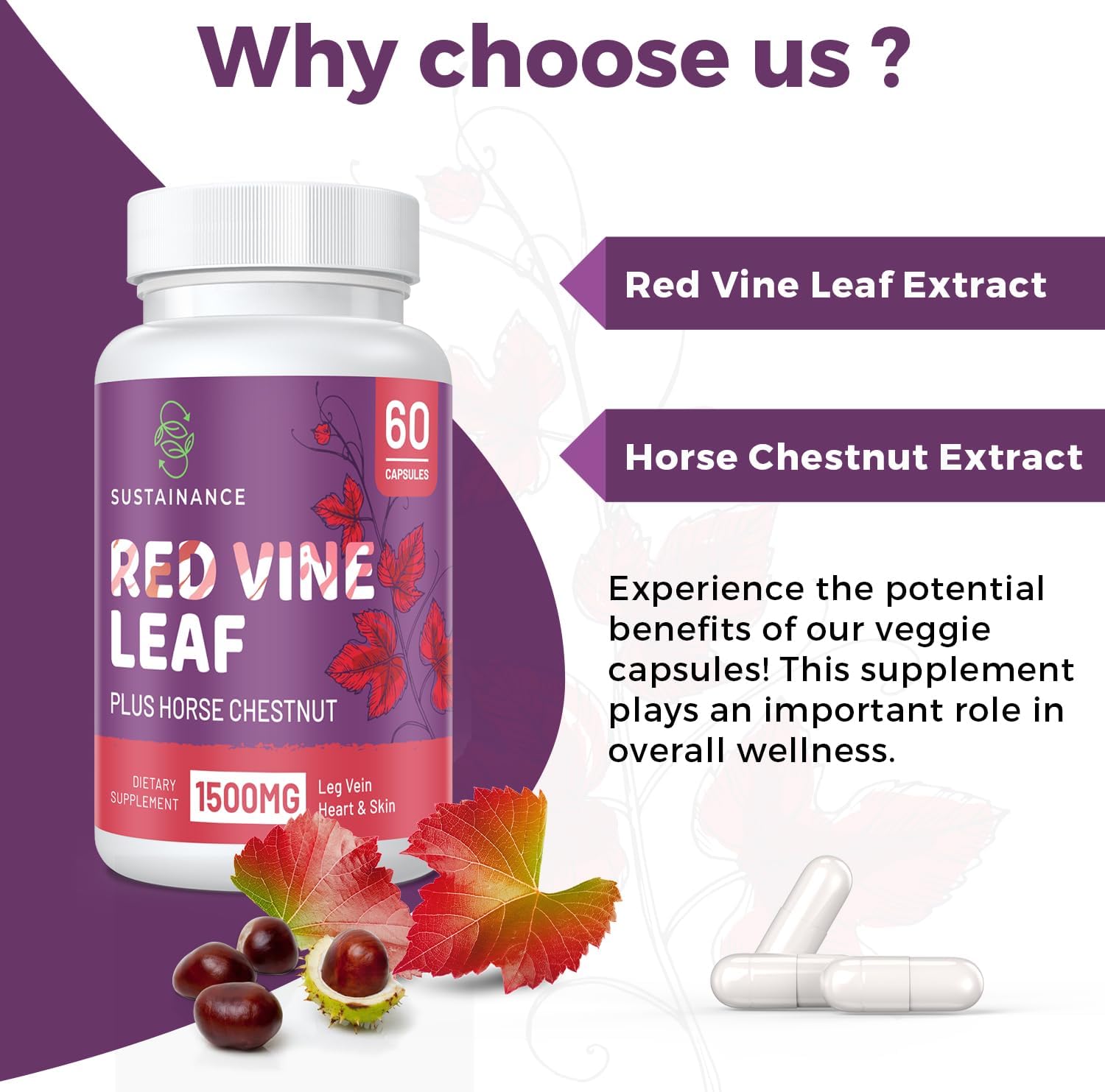 Leg & Vein Support Supplement with Red Vine Leaf & Horse Chestnut Extracts - 1400mg & 100mg Capsules for Circulation, Heart Health, Skin - 60 Count