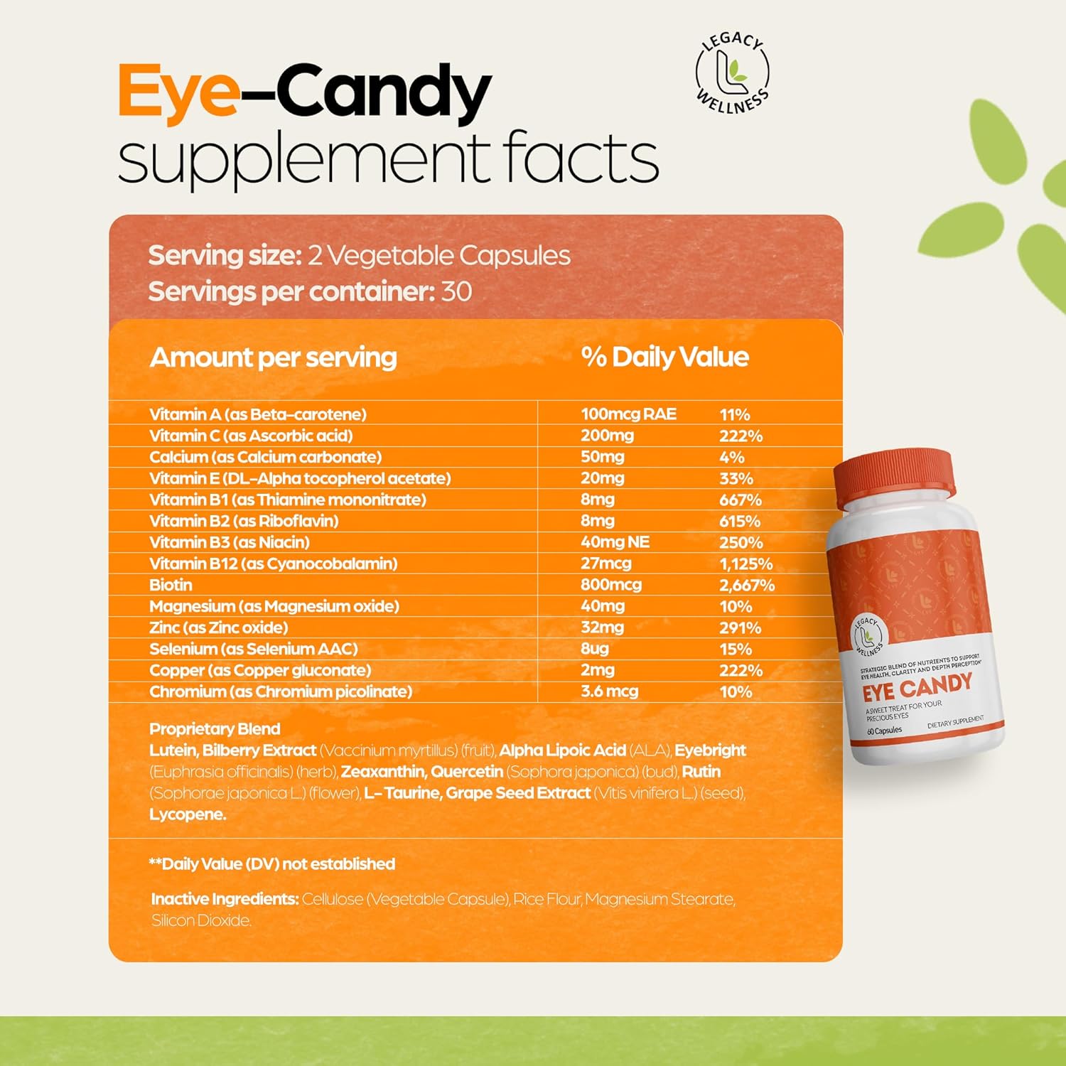LegacyNutra Eye Candy Eye Vitamins - Lutein, Zeaxanthin, Calcium, Biotin, Copper, Zinc Pills - Supports Vision Health, Reduces Eye Strain, Dry Eye Supplements for Adults