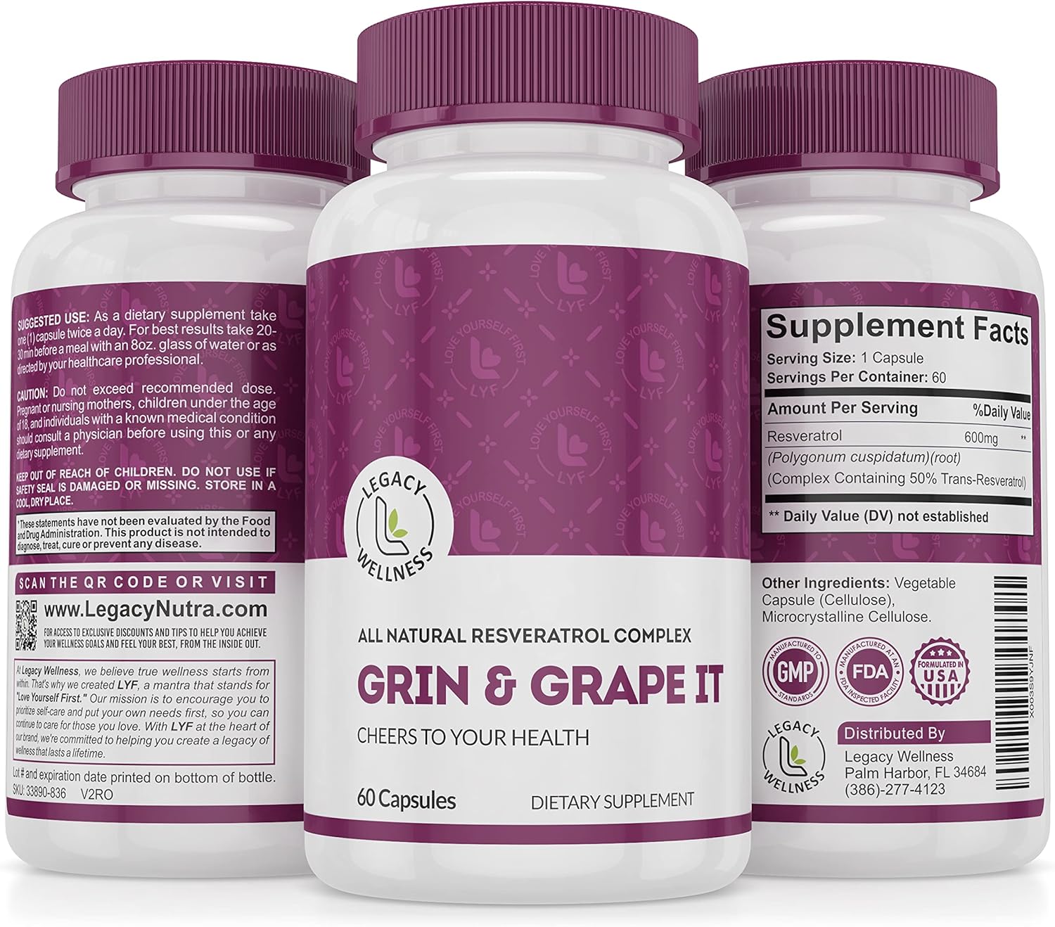 LegacyNutra GRIN & Grape IT Resveratrol Supplement - Supports Healthy Aging, Skin, Immune, Digestive & Cardiovascular Systems - 600mg Trans-resveratrol Capsules