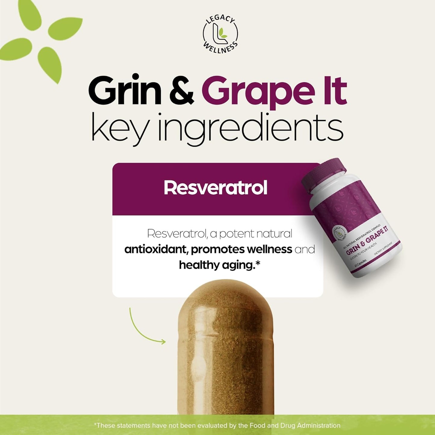 LegacyNutra GRIN & Grape IT Resveratrol Supplement - Supports Healthy Aging, Skin, Immune, Digestive & Cardiovascular Systems - 600mg Trans-resveratrol Capsules