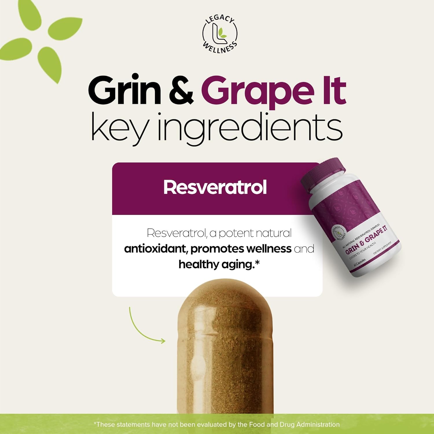 LegacyNutra GRIN & Grape IT Resveratrol Supplement - Supports Healthy Aging, Skin, Immune, Digestive & Cardiovascular Systems - 600mg Trans-resveratrol Capsules