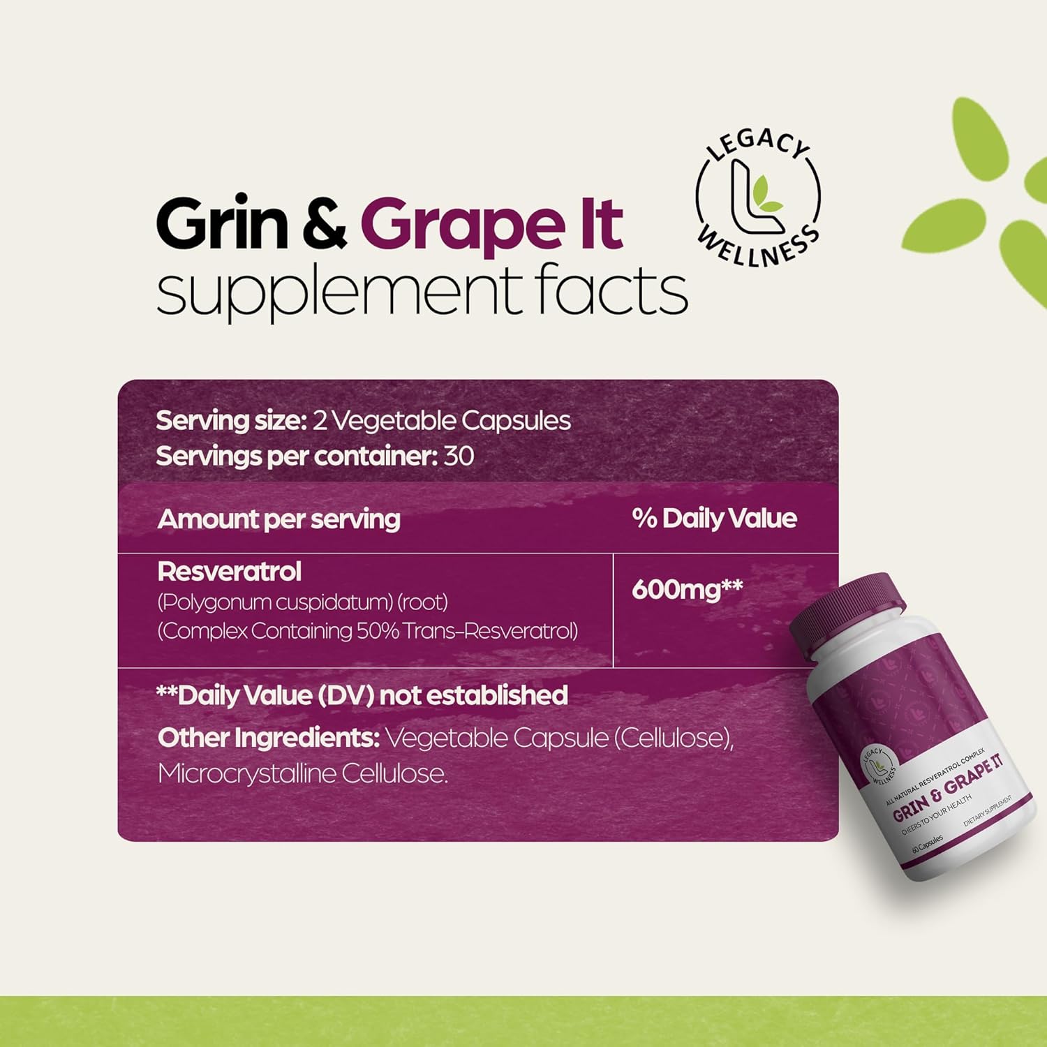 LegacyNutra GRIN & Grape IT Resveratrol Supplement - Supports Healthy Aging, Skin, Immune, Digestive & Cardiovascular Systems - 600mg Trans-resveratrol Capsules