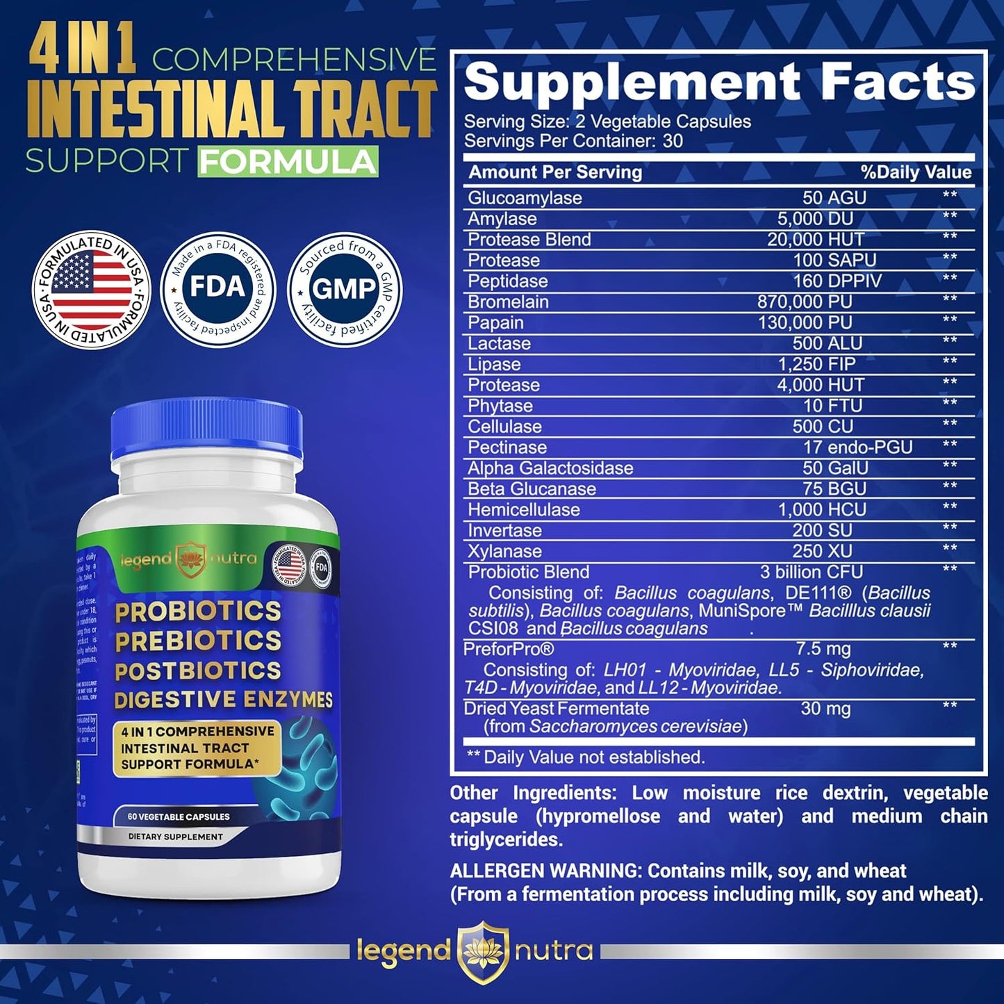 Legend Nutra 4-in-1 Digestive Health Supplement with Probiotics, Prebiotics, Postbiotics, and Enzymes - 60 Count